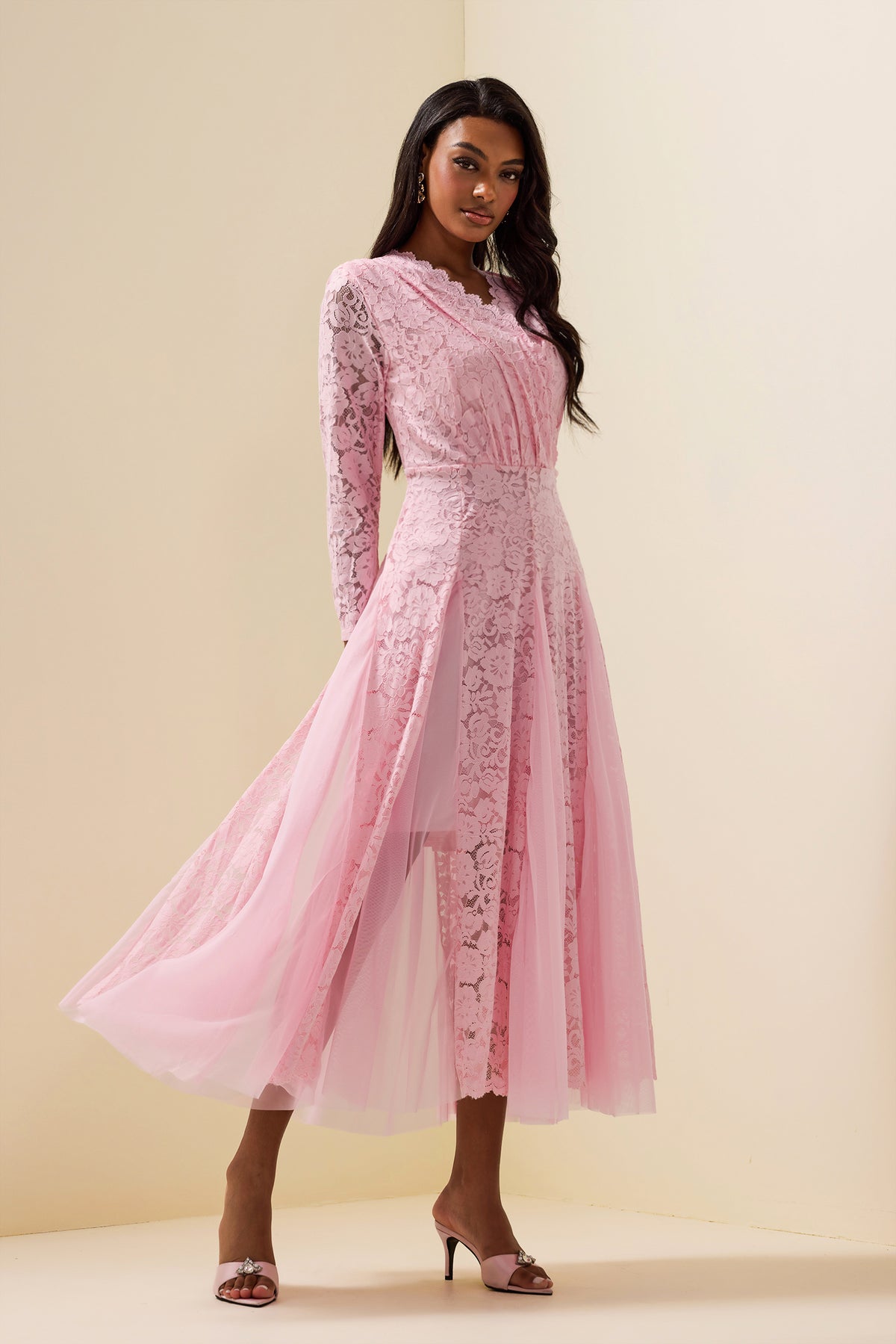 Lace Splicing Long Sleeve Midi Dress