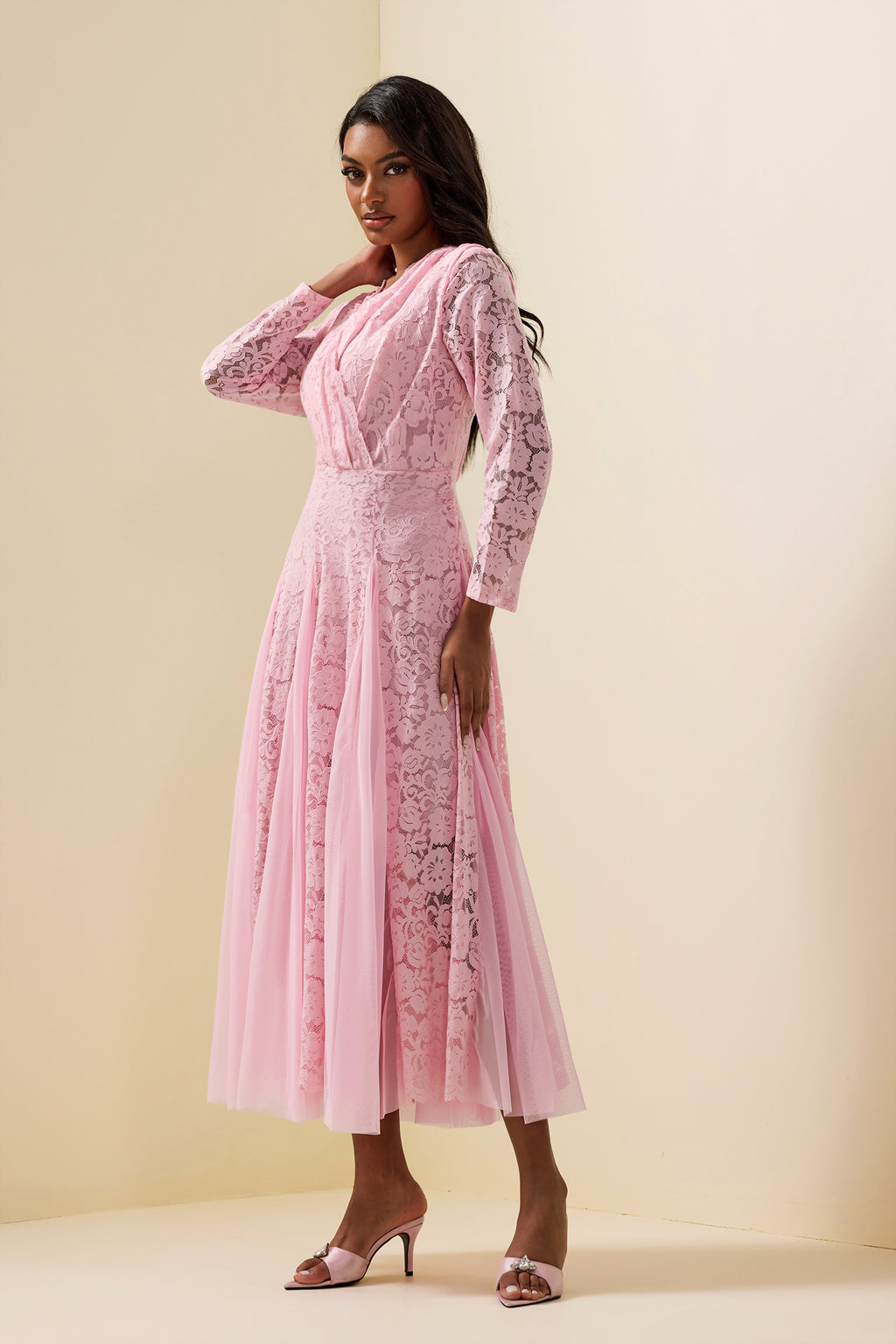 Lace Splicing Long Sleeve Midi Dress