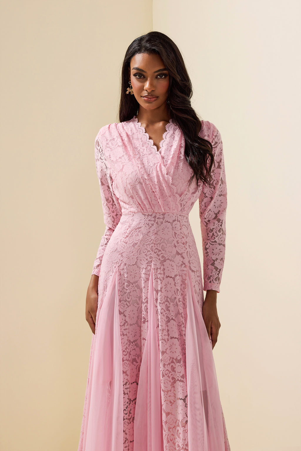 Lace Splicing Long Sleeve Midi Dress