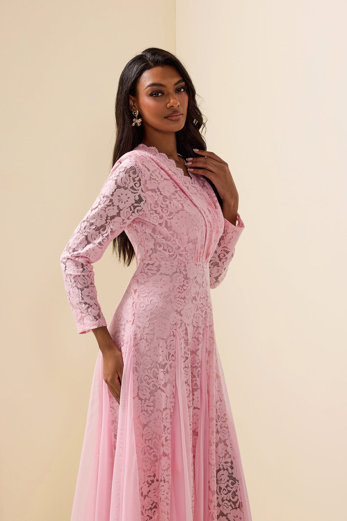 Lace Splicing Long Sleeve Midi Dress