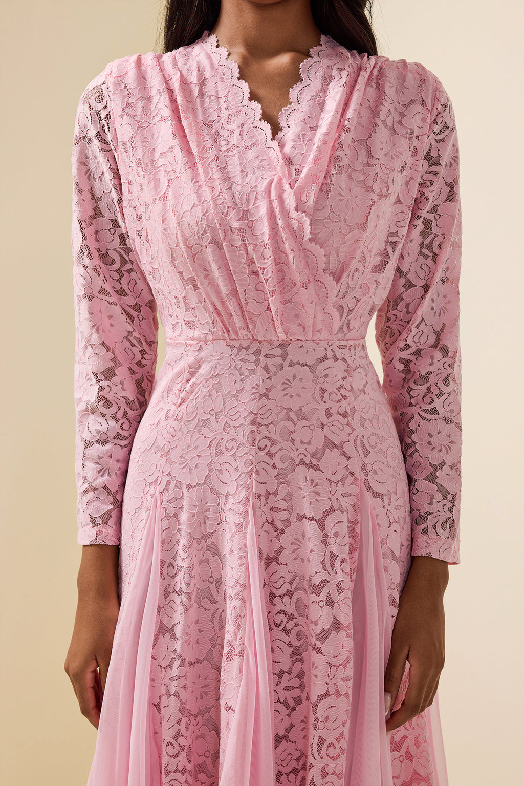 Lace Splicing Long Sleeve Midi Dress