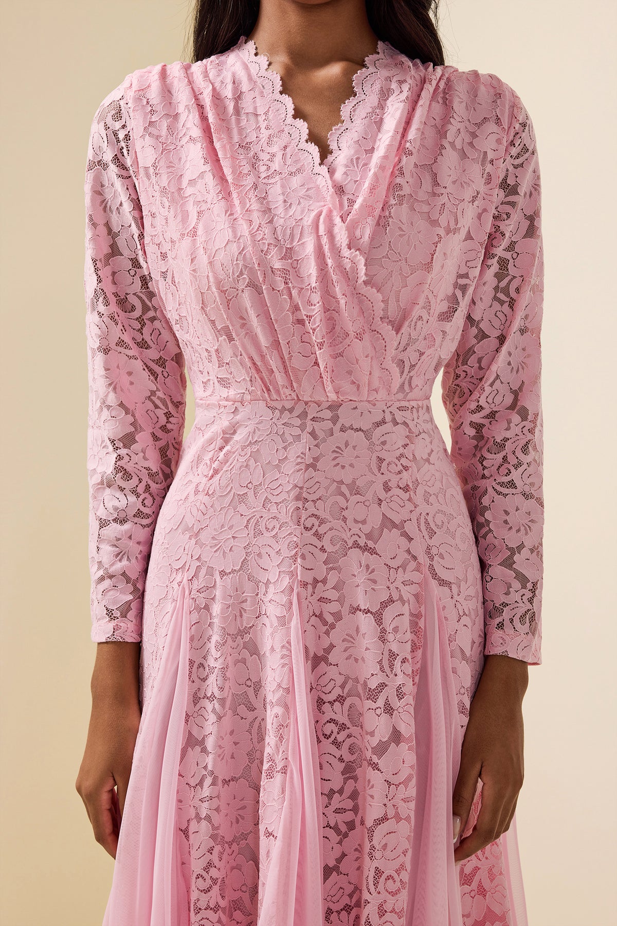 Lace Splicing Long Sleeve Midi Dress
