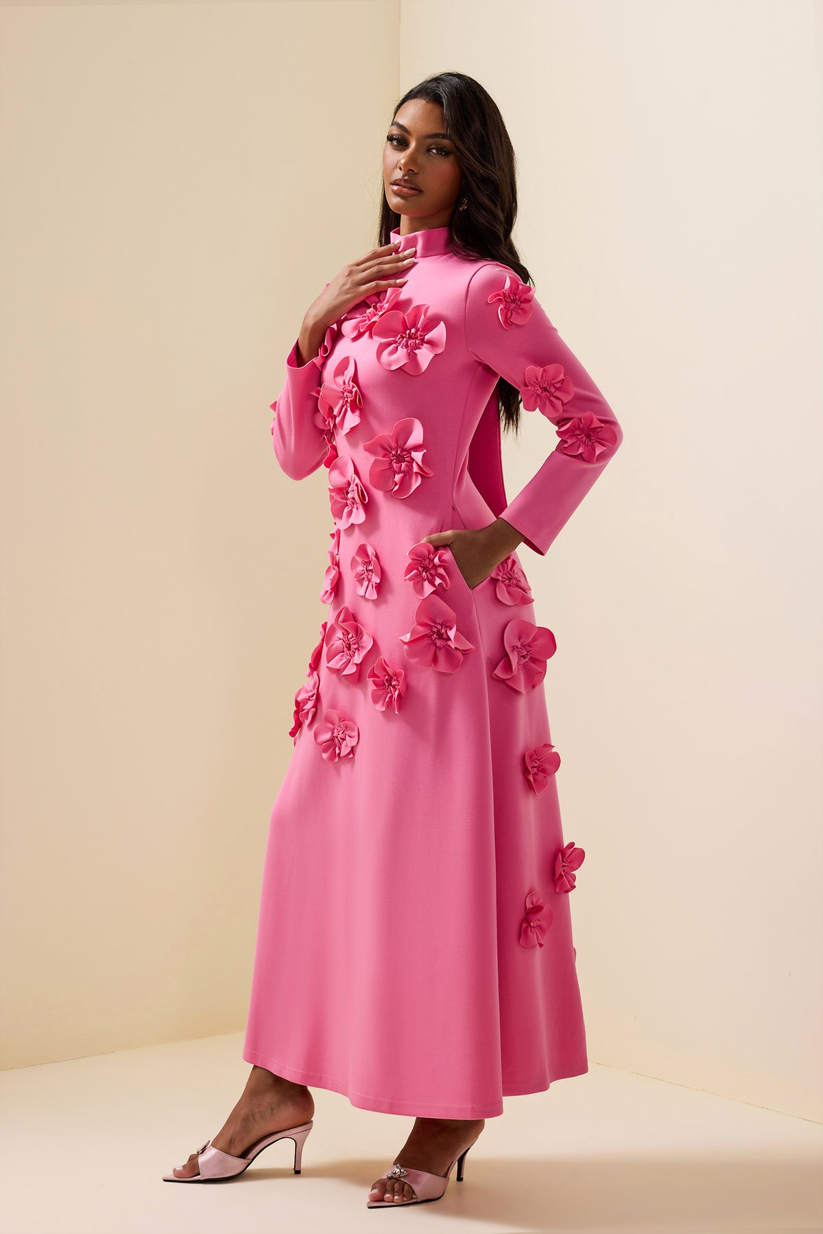 3d Flower Stand Collar Long Sleeve Midi Dress