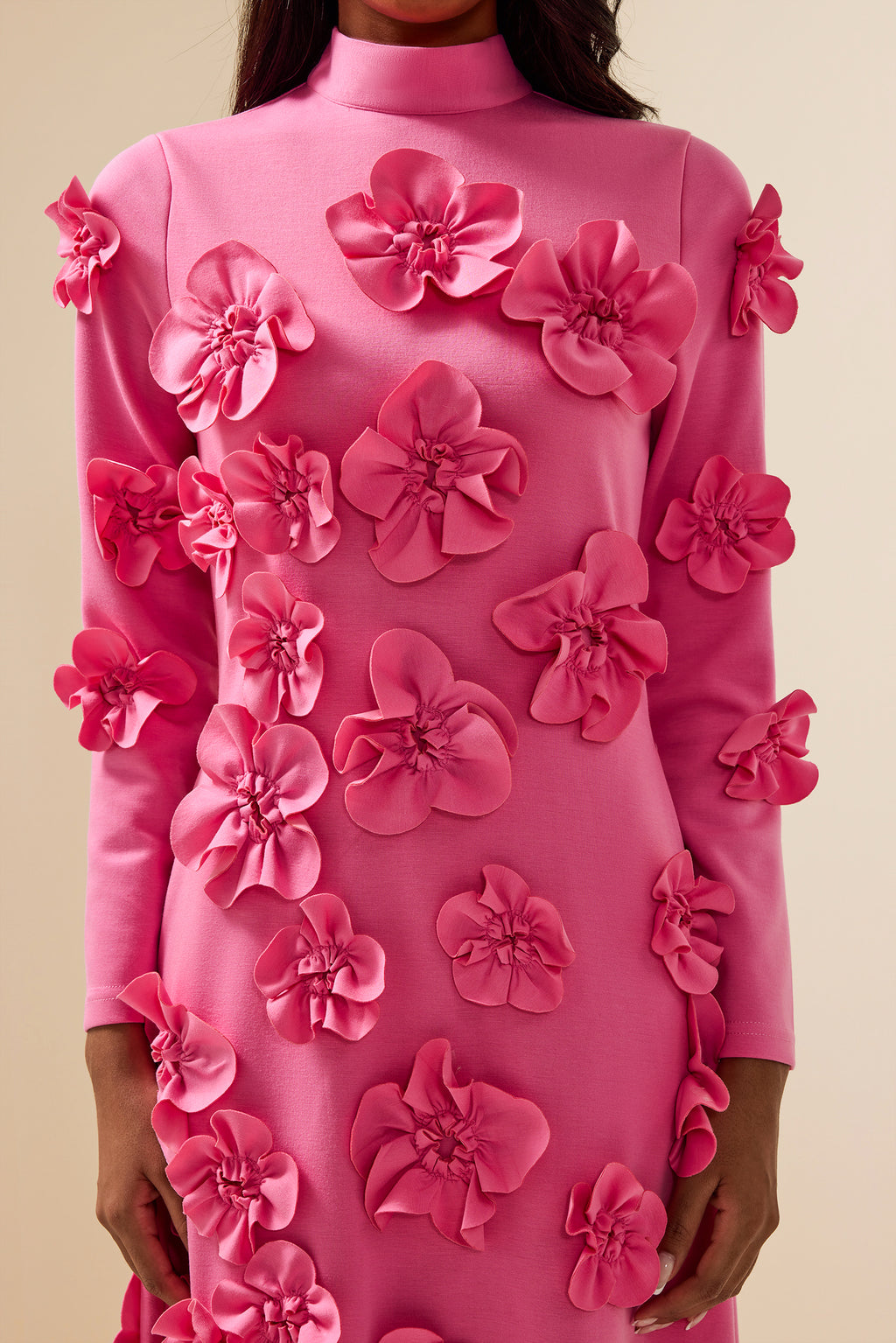3d Flower Stand Collar Long Sleeve Midi Dress