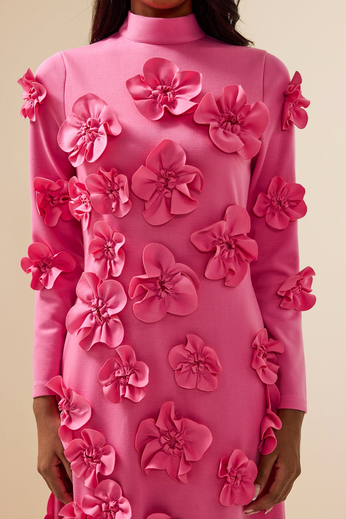 3d Flower Stand Collar Long Sleeve Midi Dress