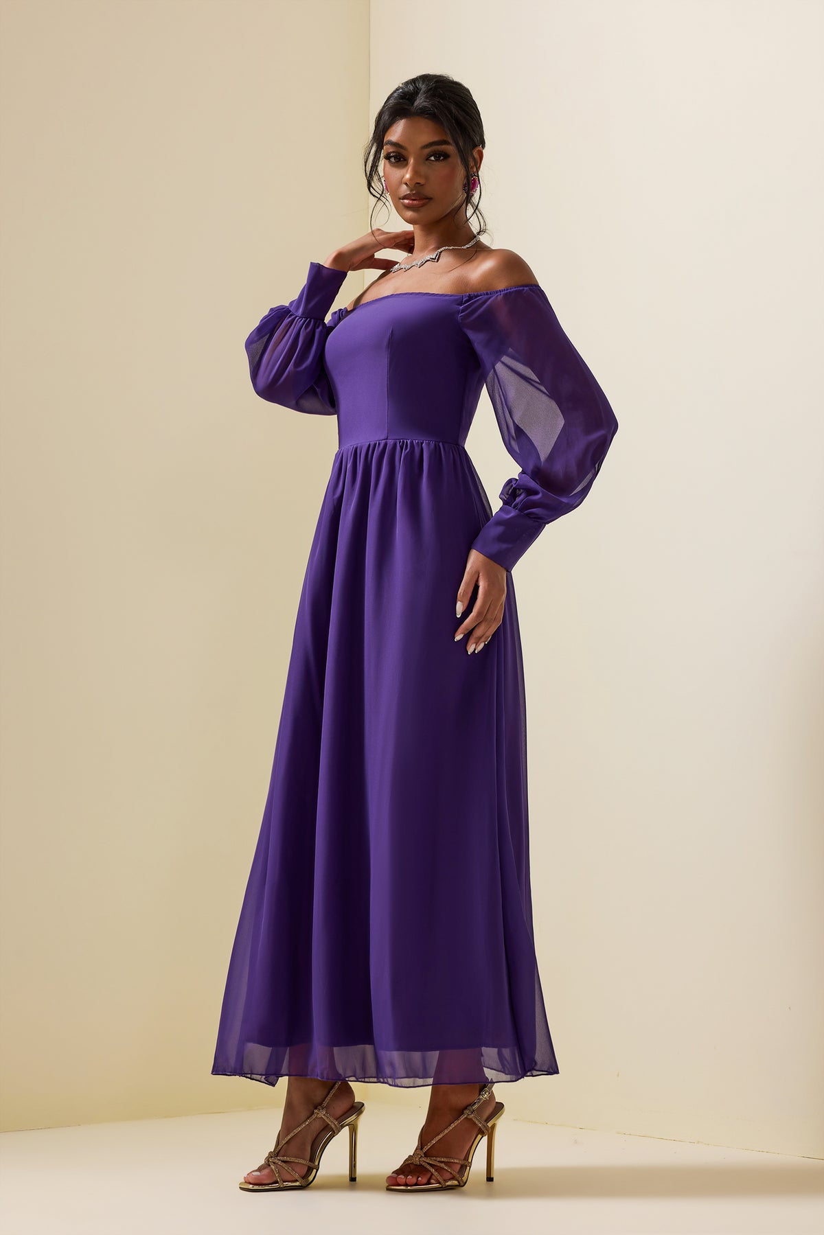 Off-shoulder Lantern Sleeve Maxi Dress