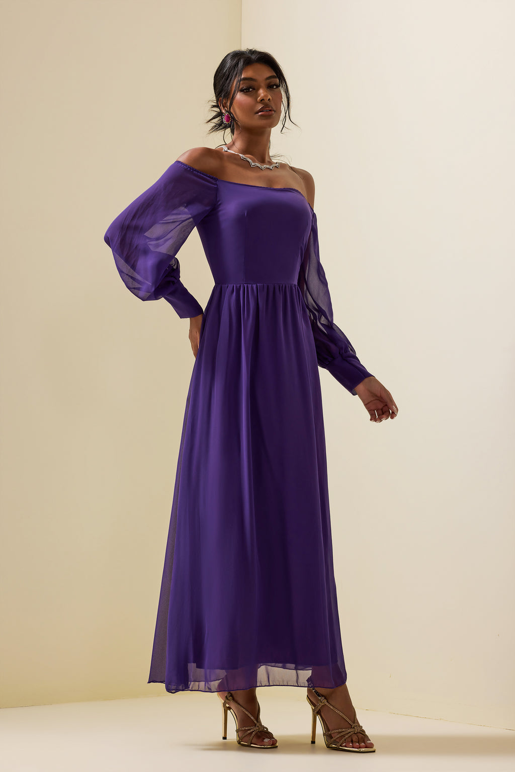 Off-shoulder Lantern Sleeve Maxi Dress