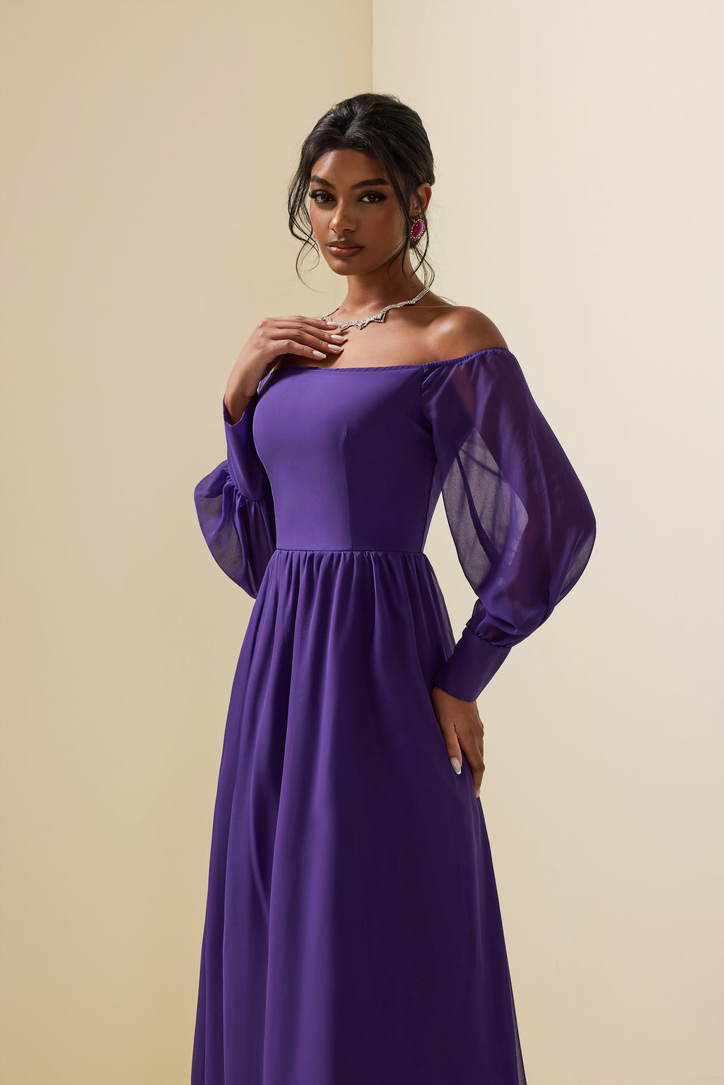 Off-shoulder Lantern Sleeve Maxi Dress