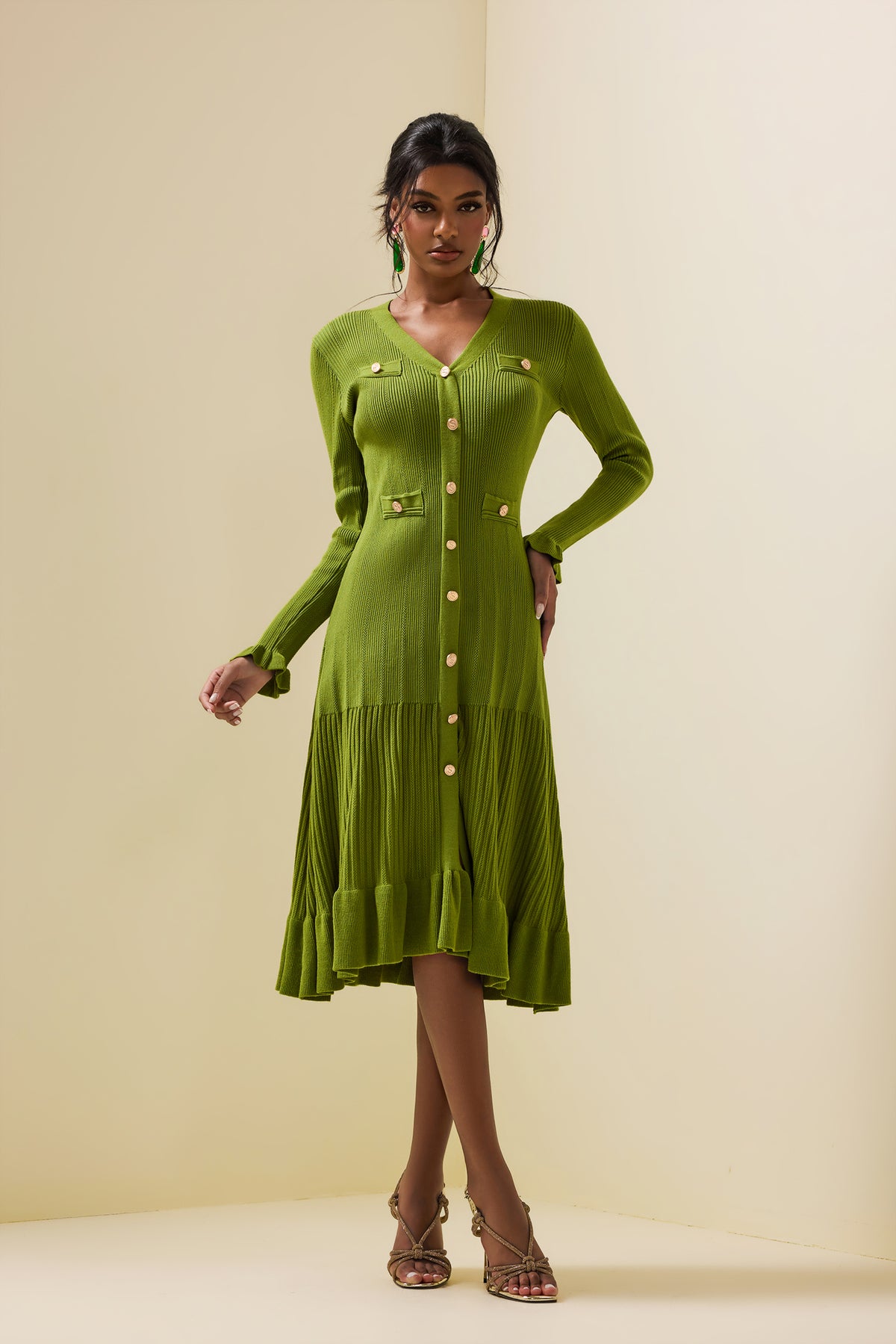 Jersey Single Breasted Long Sleeve Midi Dress