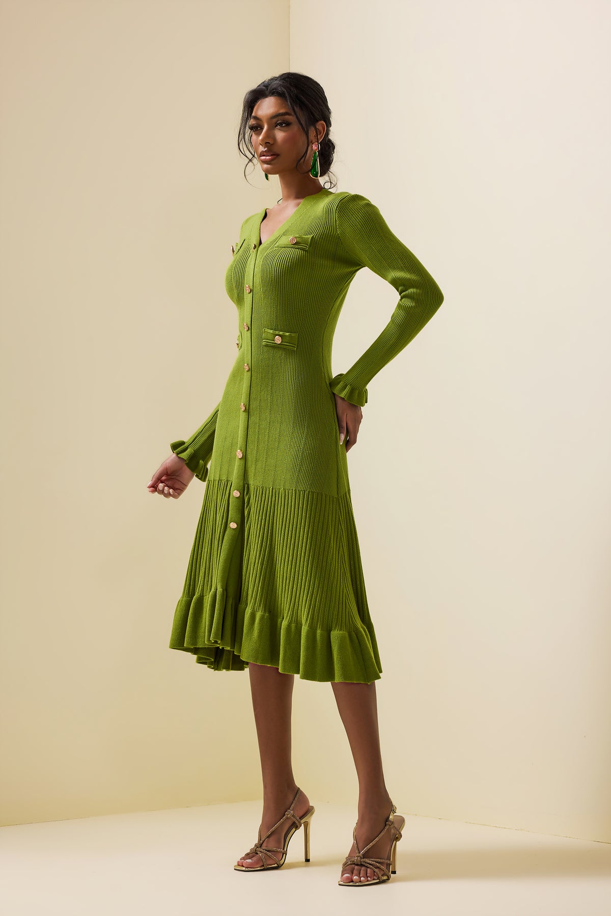 Jersey Single Breasted Long Sleeve Midi Dress