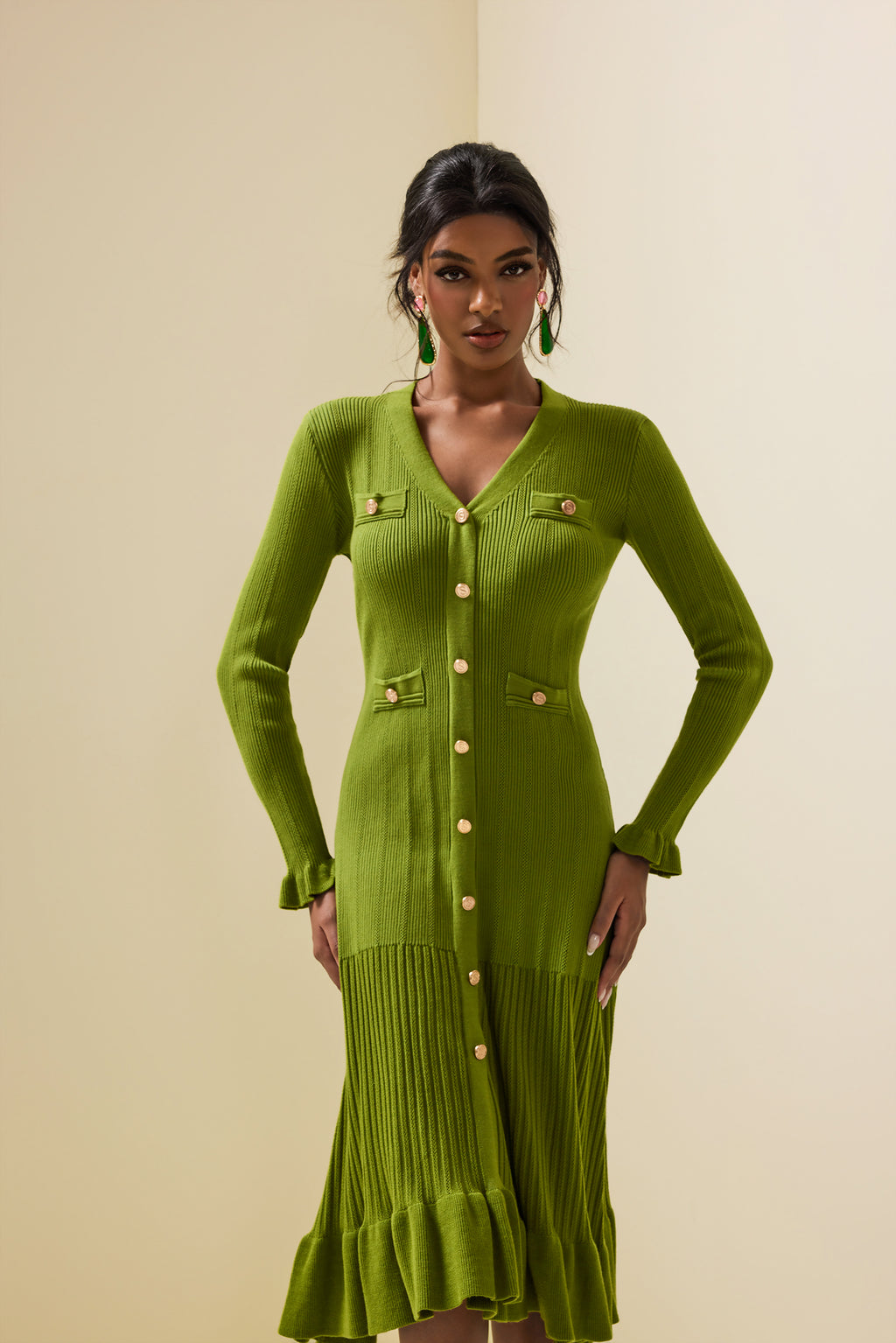 Jersey Single Breasted Long Sleeve Midi Dress