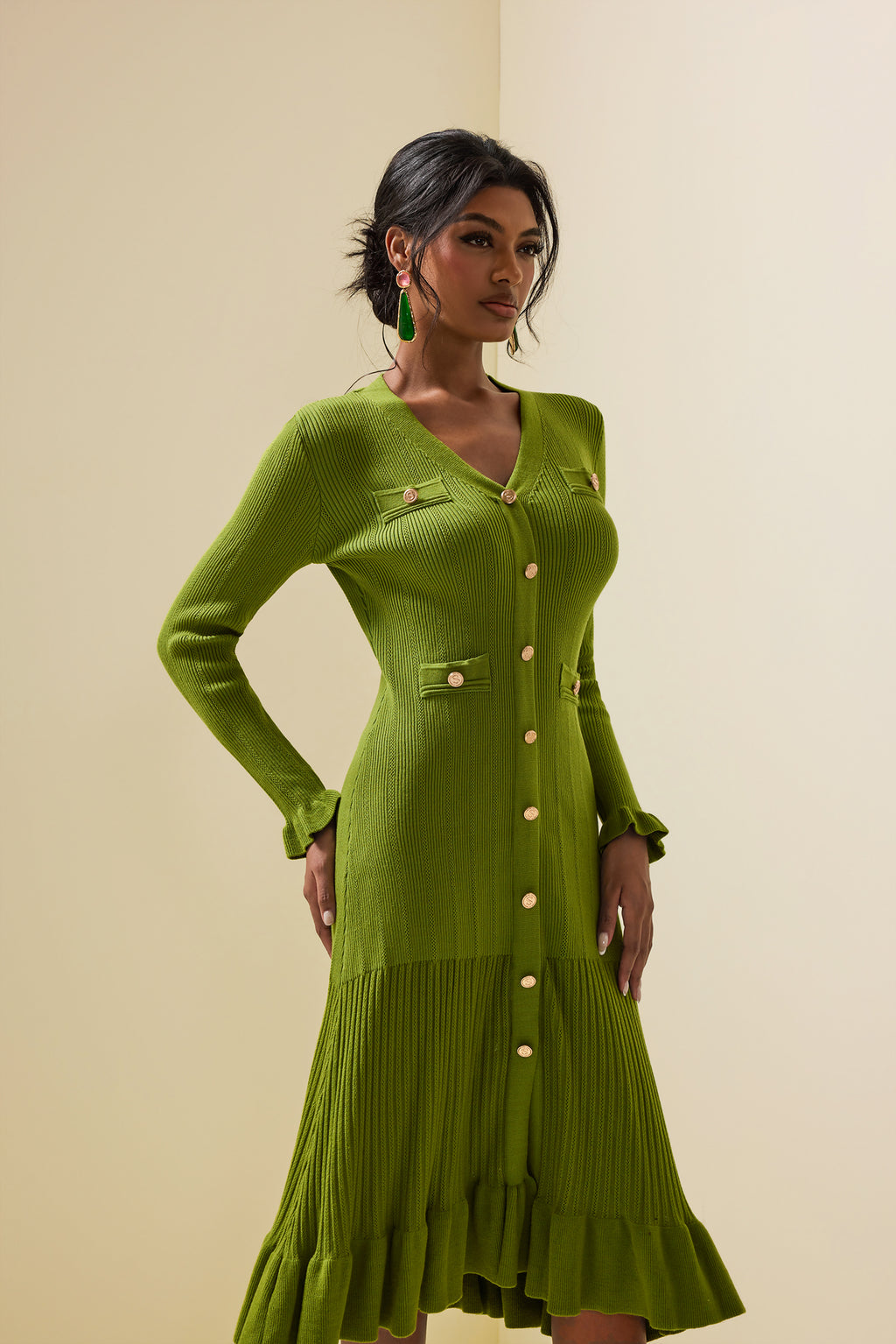 Jersey Single Breasted Long Sleeve Midi Dress