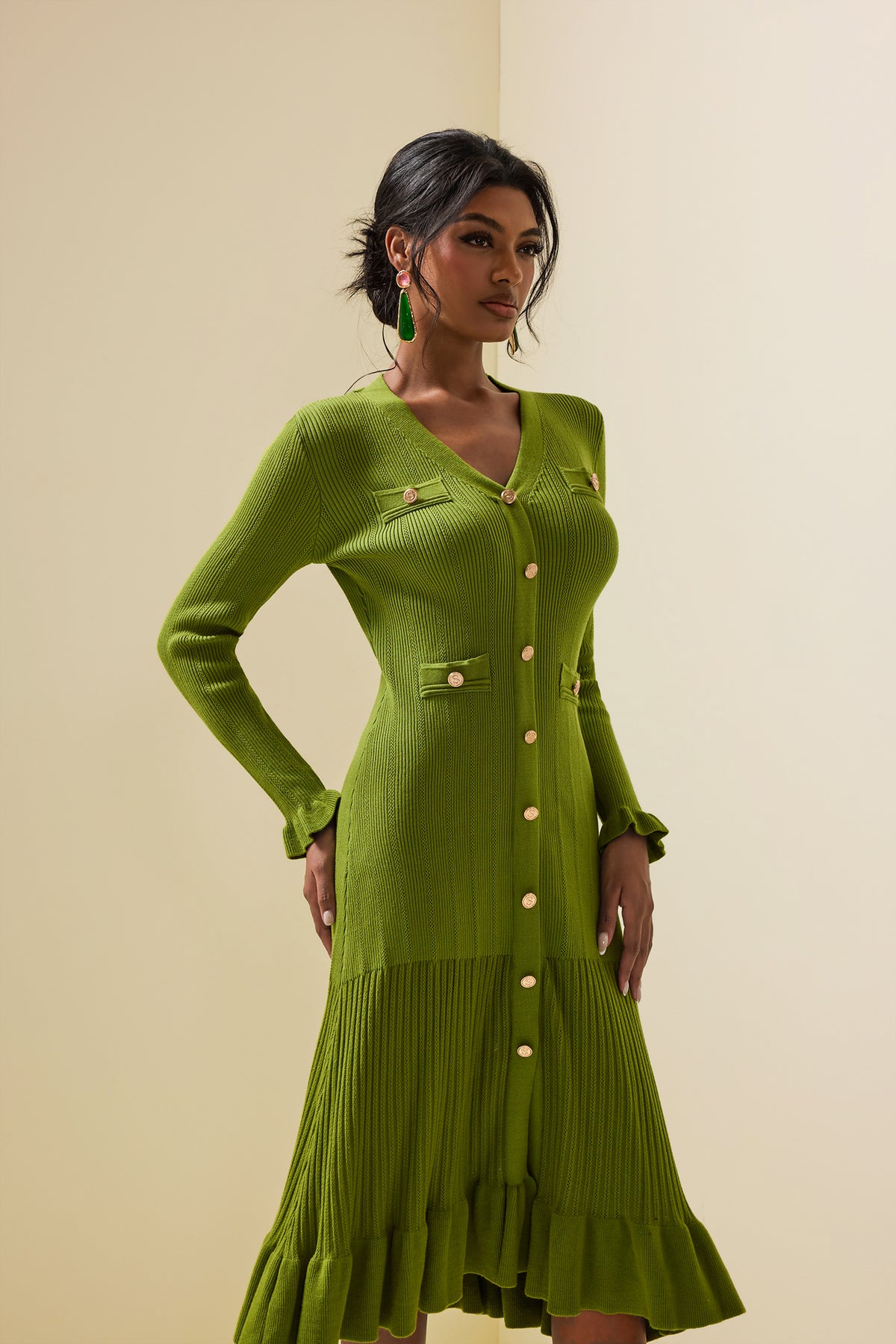 Jersey Single Breasted Long Sleeve Midi Dress