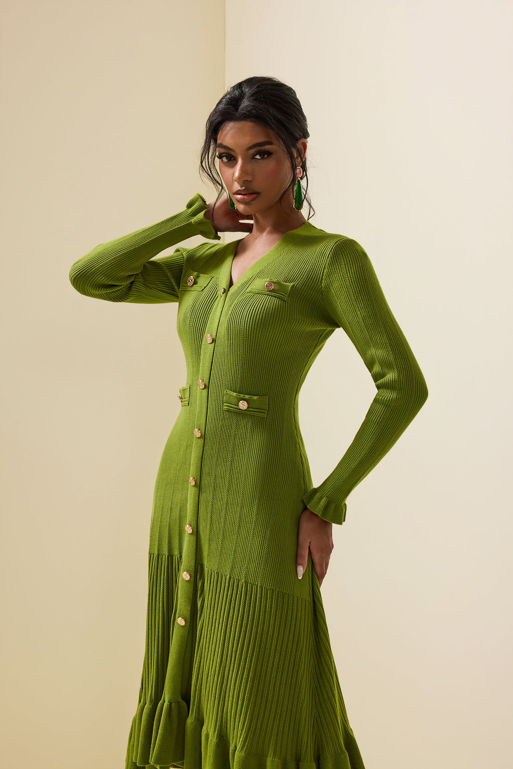 Jersey Single Breasted Long Sleeve Midi Dress