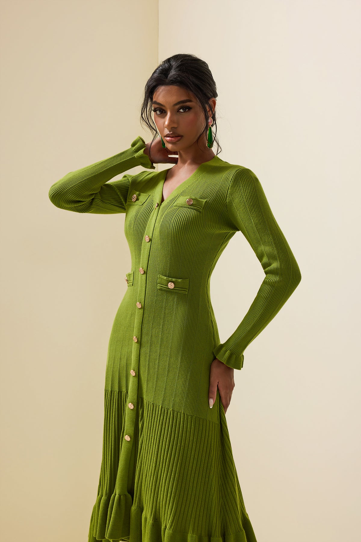Jersey Single Breasted Long Sleeve Midi Dress