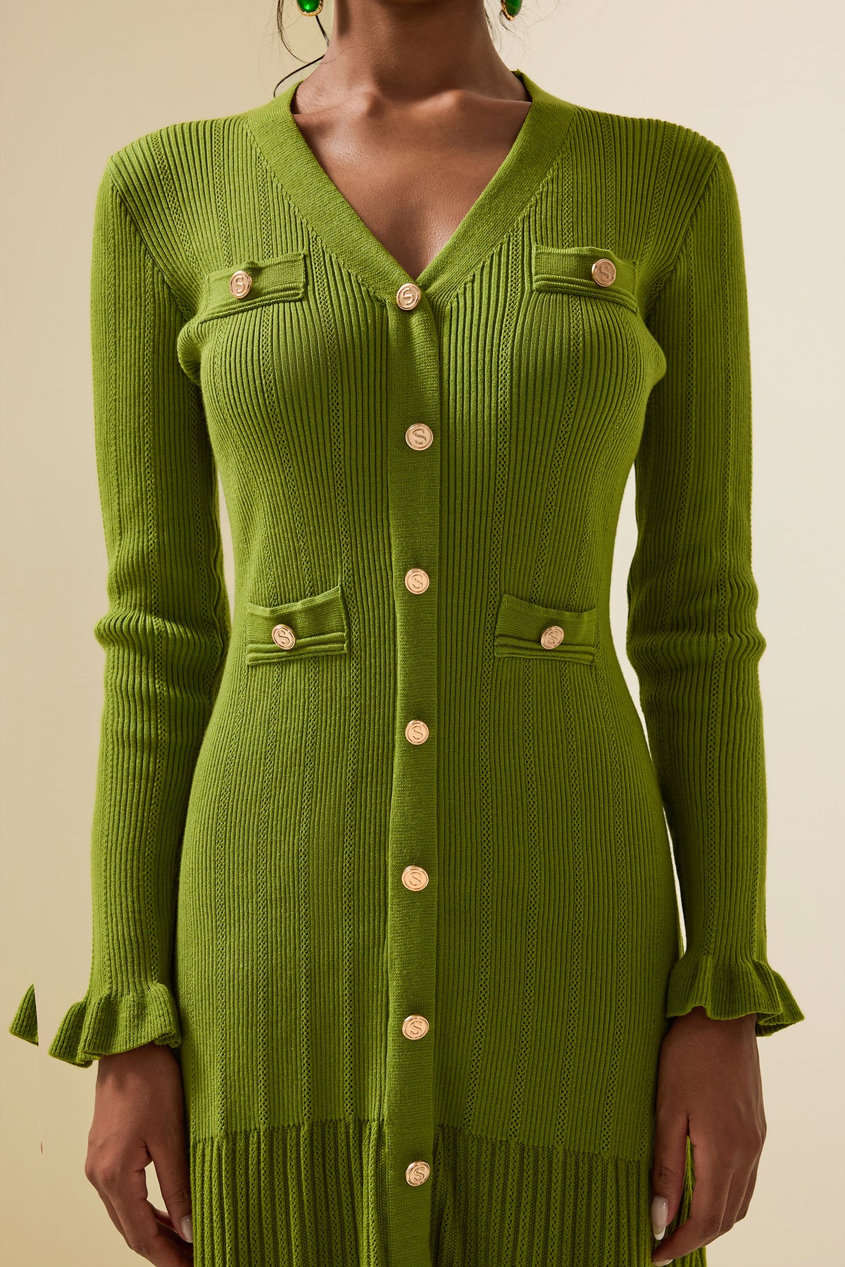 Jersey Single Breasted Long Sleeve Midi Dress
