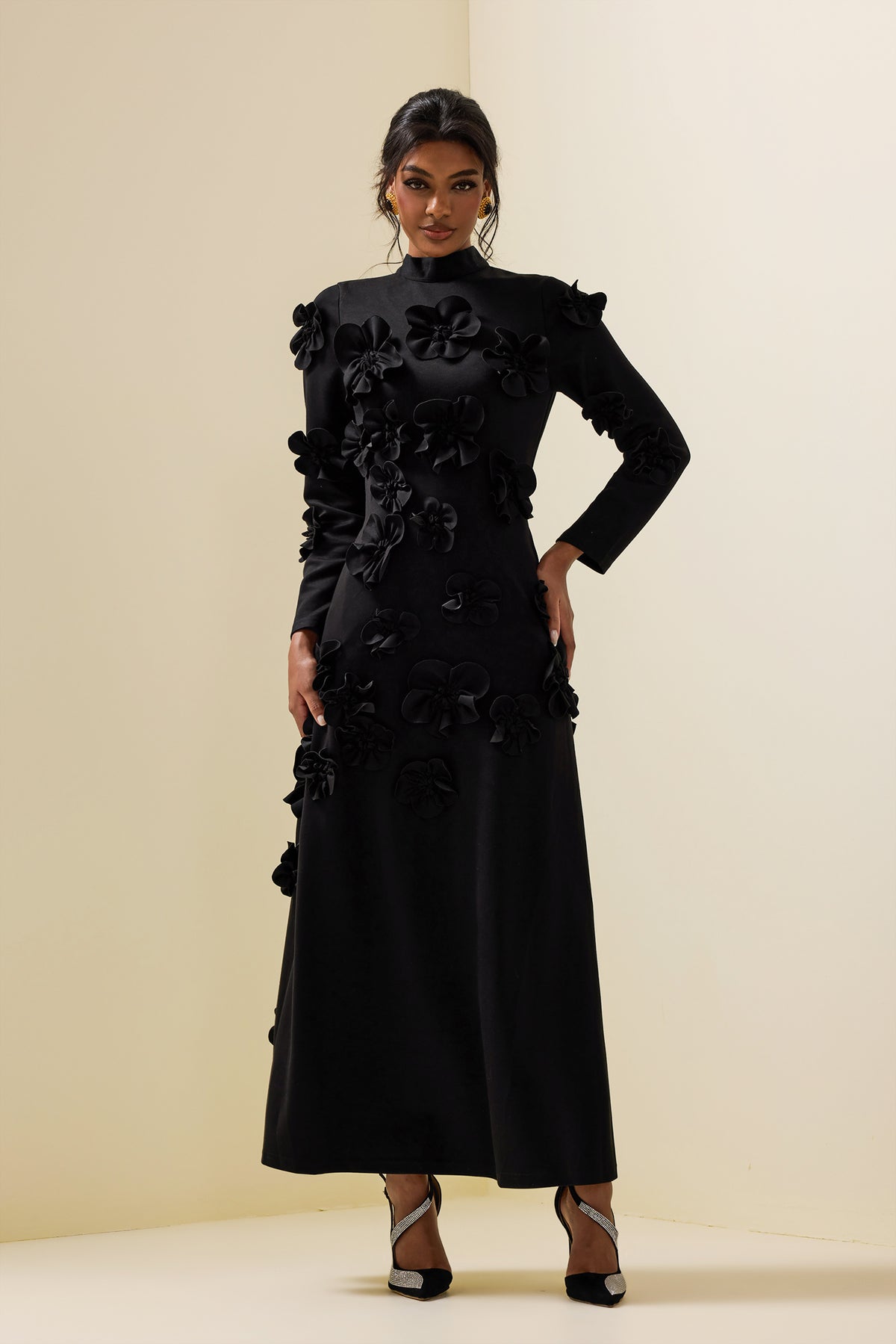 3d Flower Stand Collar Long Sleeve Midi Dress