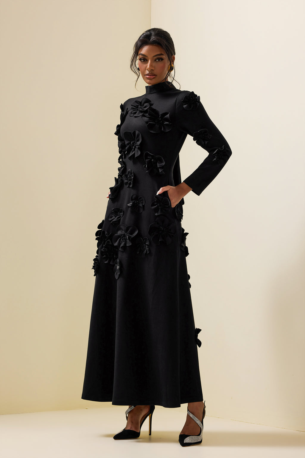 3d Flower Stand Collar Long Sleeve Midi Dress