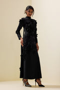 3d Flower Stand Collar Long Sleeve Midi Dress