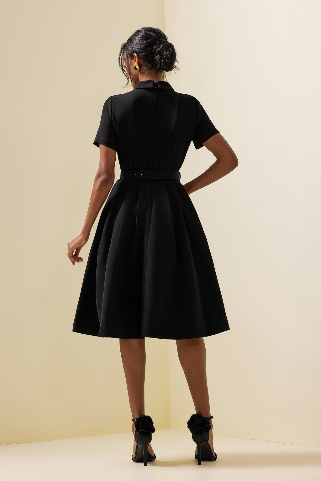 Embroidered Shirt Collar Midi Dress With Belt Black
