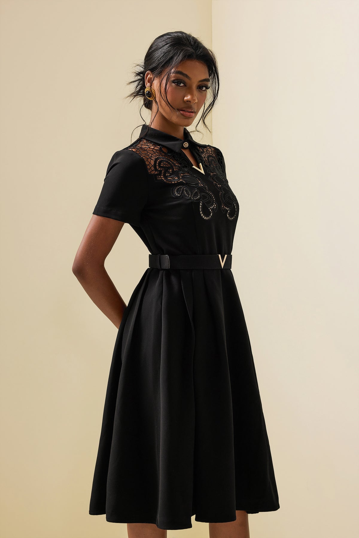Embroidered Shirt Collar Midi Dress With Belt Black