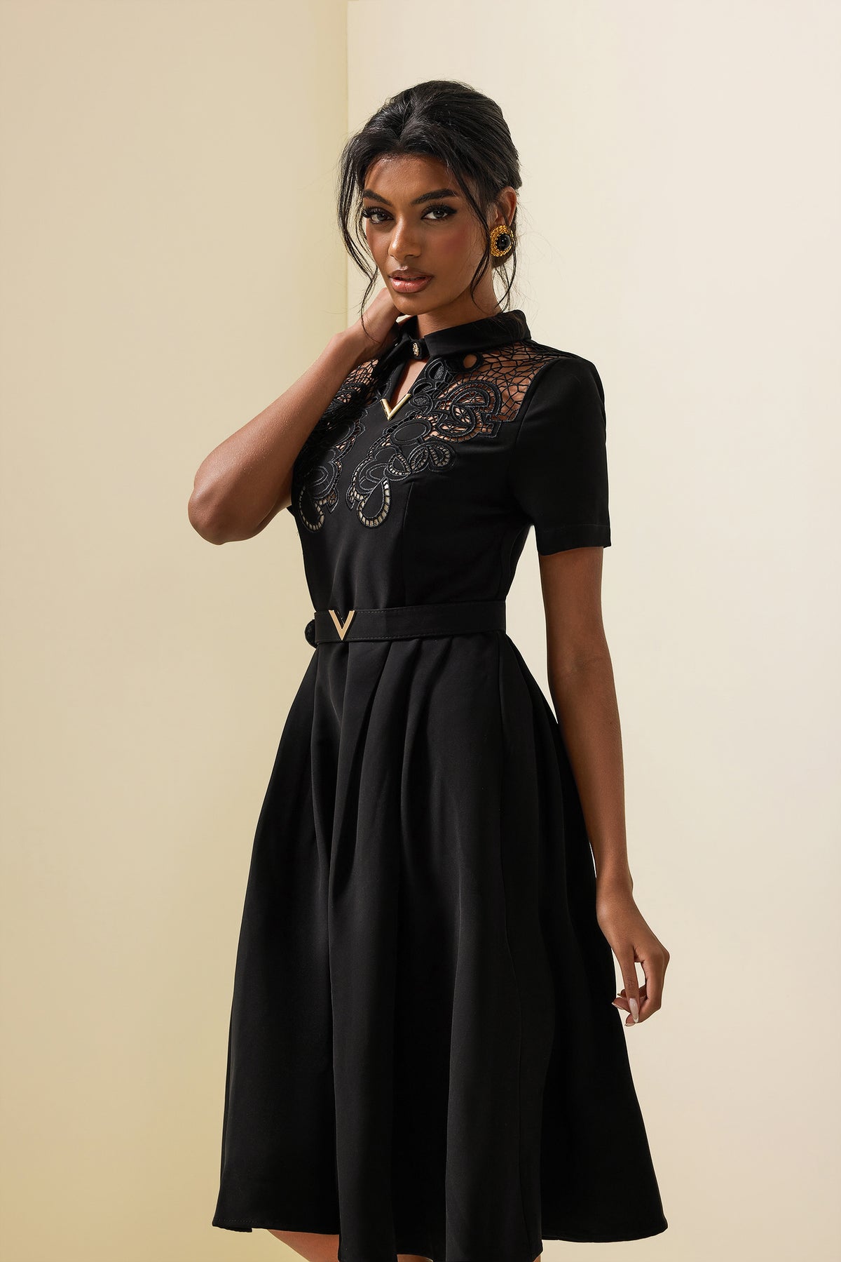 Embroidered Shirt Collar Midi Dress With Belt Black
