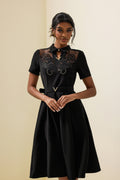 Embroidered Shirt Collar Midi Dress With Belt Black