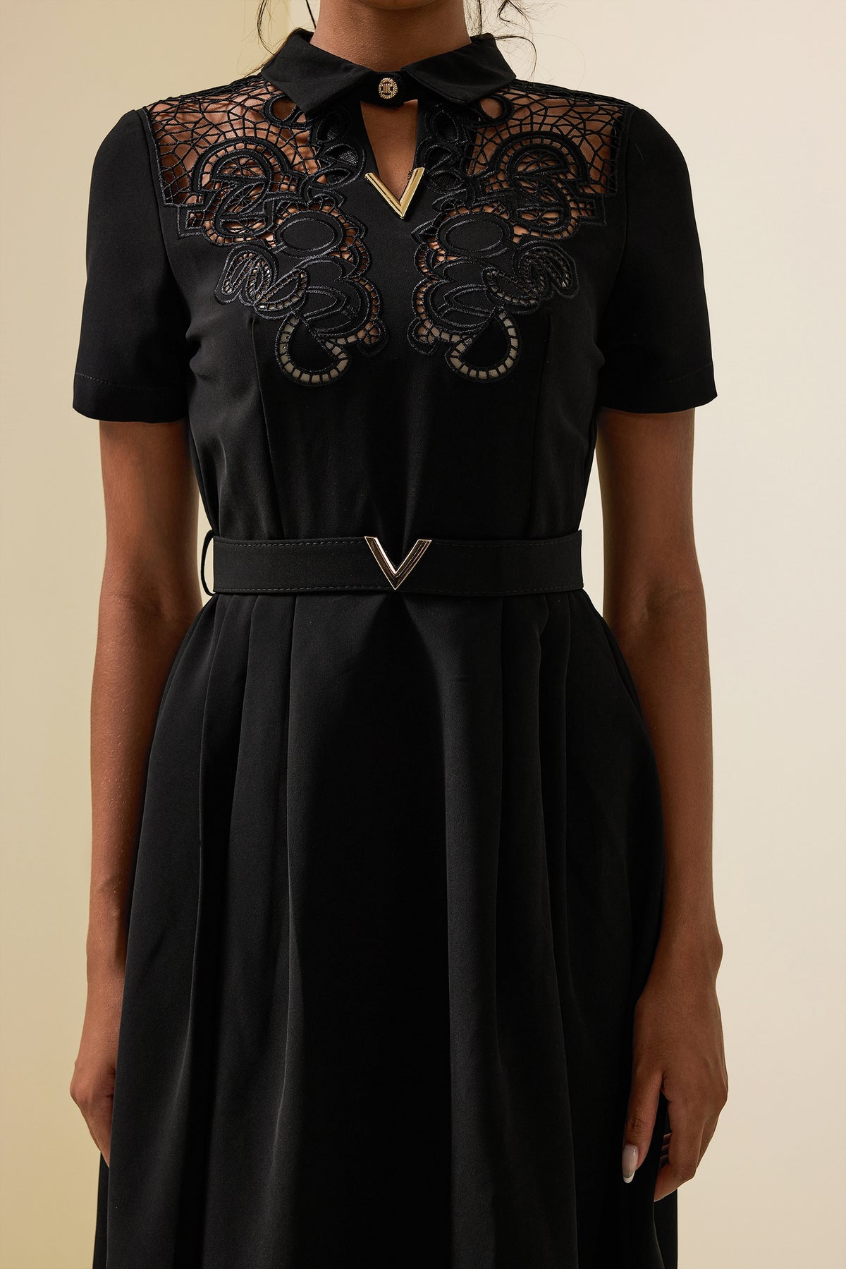 Embroidered Shirt Collar Midi Dress With Belt Black