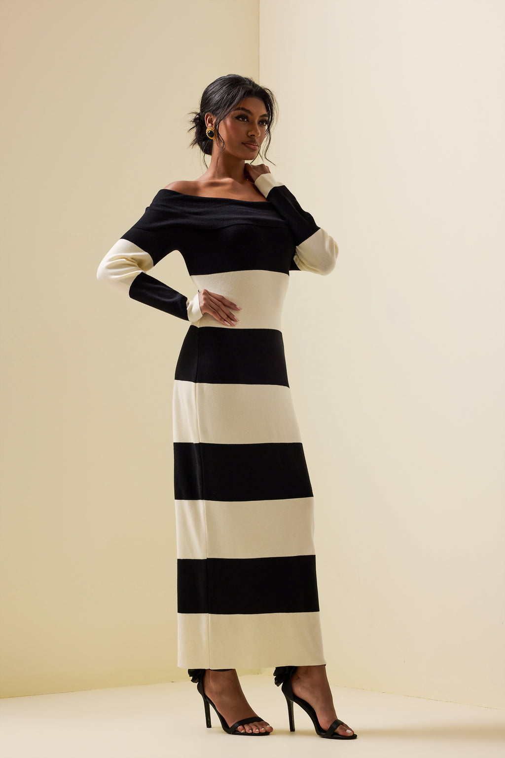 Jersey Stripe Off-shoulder Midi Dress