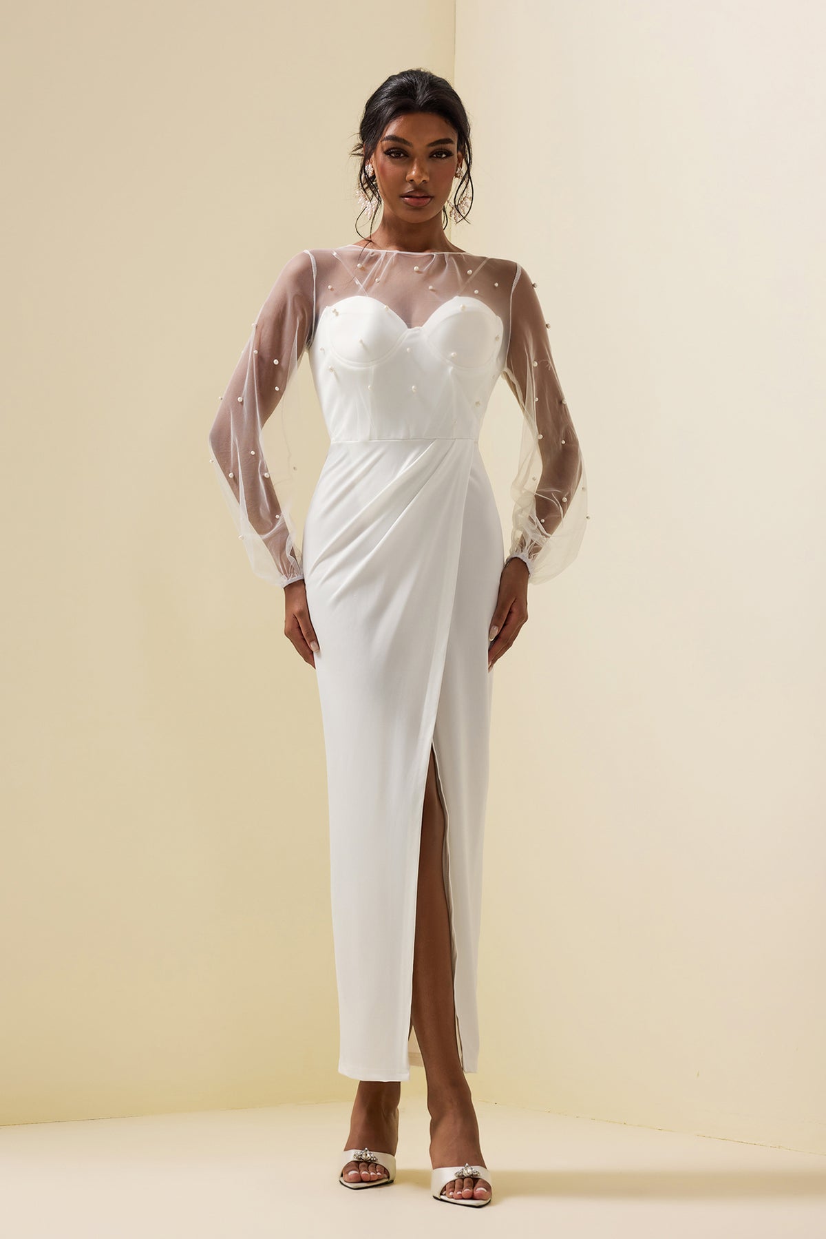 Faux Pearl Lantern Sleeve Midi Dress