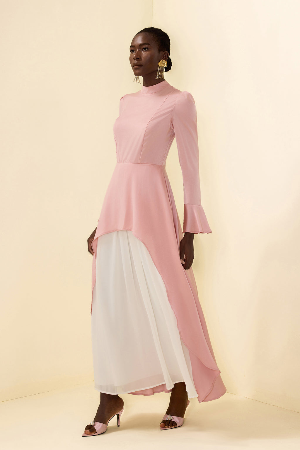 Satin Stand Collar Ball Sleeve Midi Dress