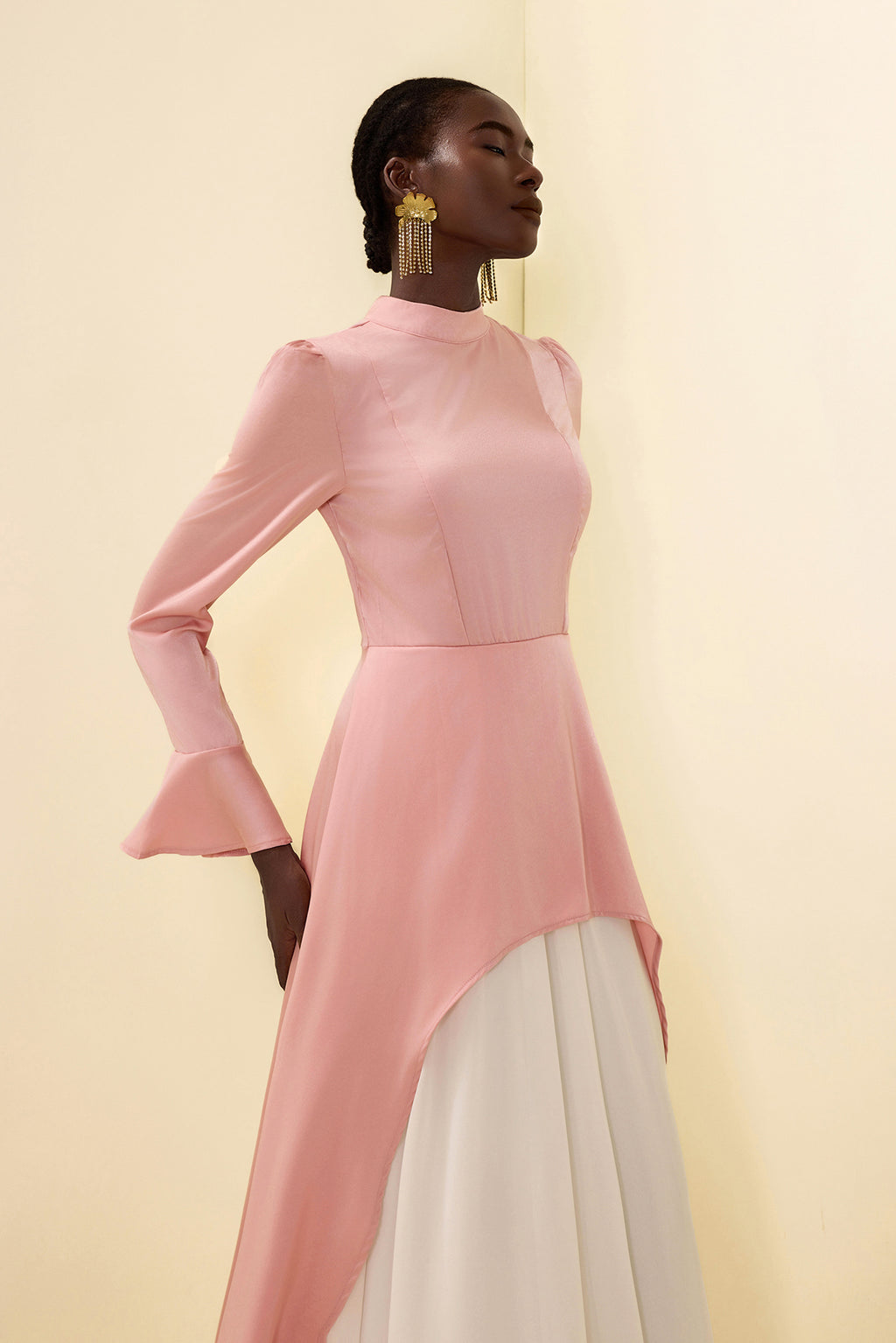 Satin Stand Collar Ball Sleeve Midi Dress