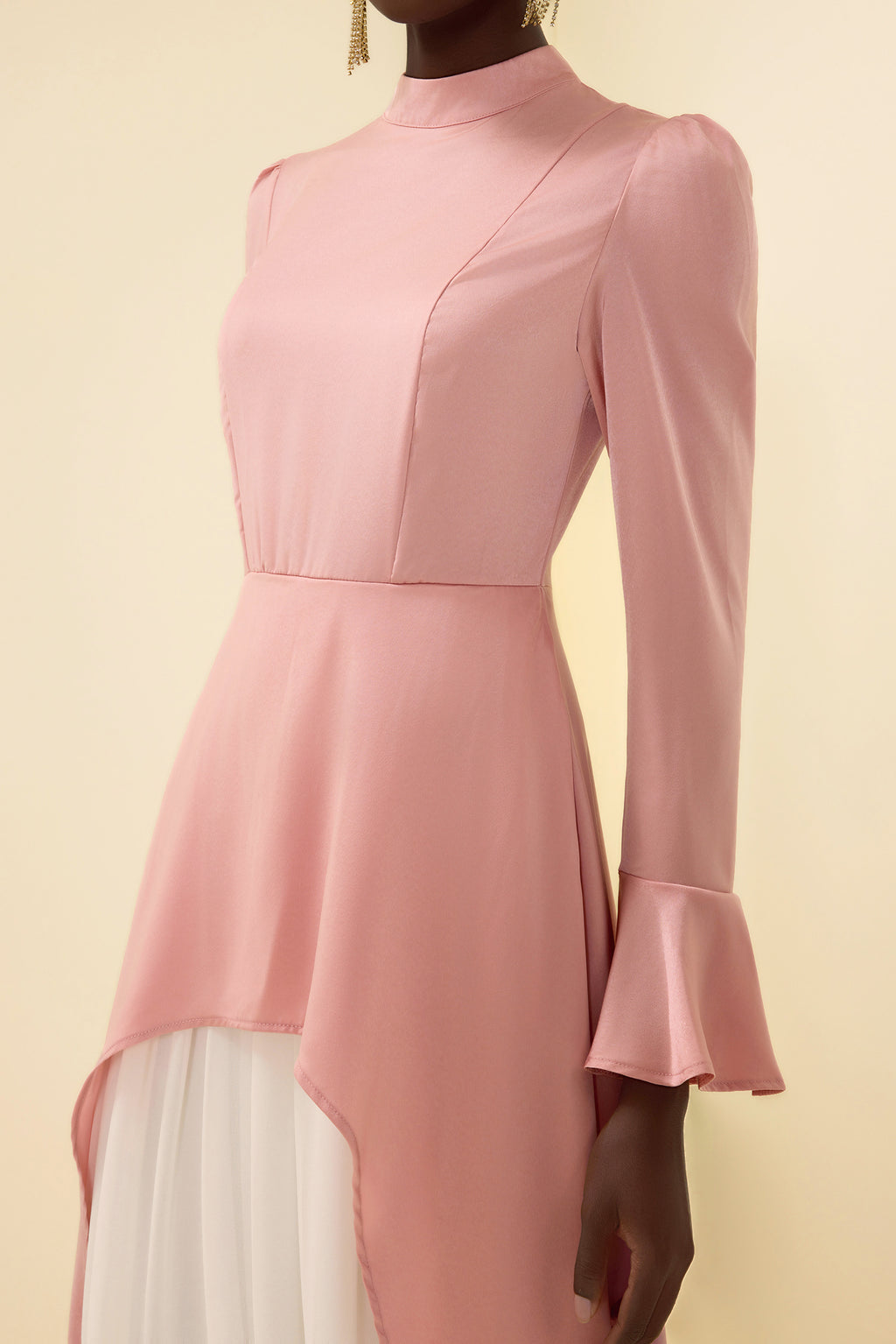 Satin Stand Collar Ball Sleeve Midi Dress