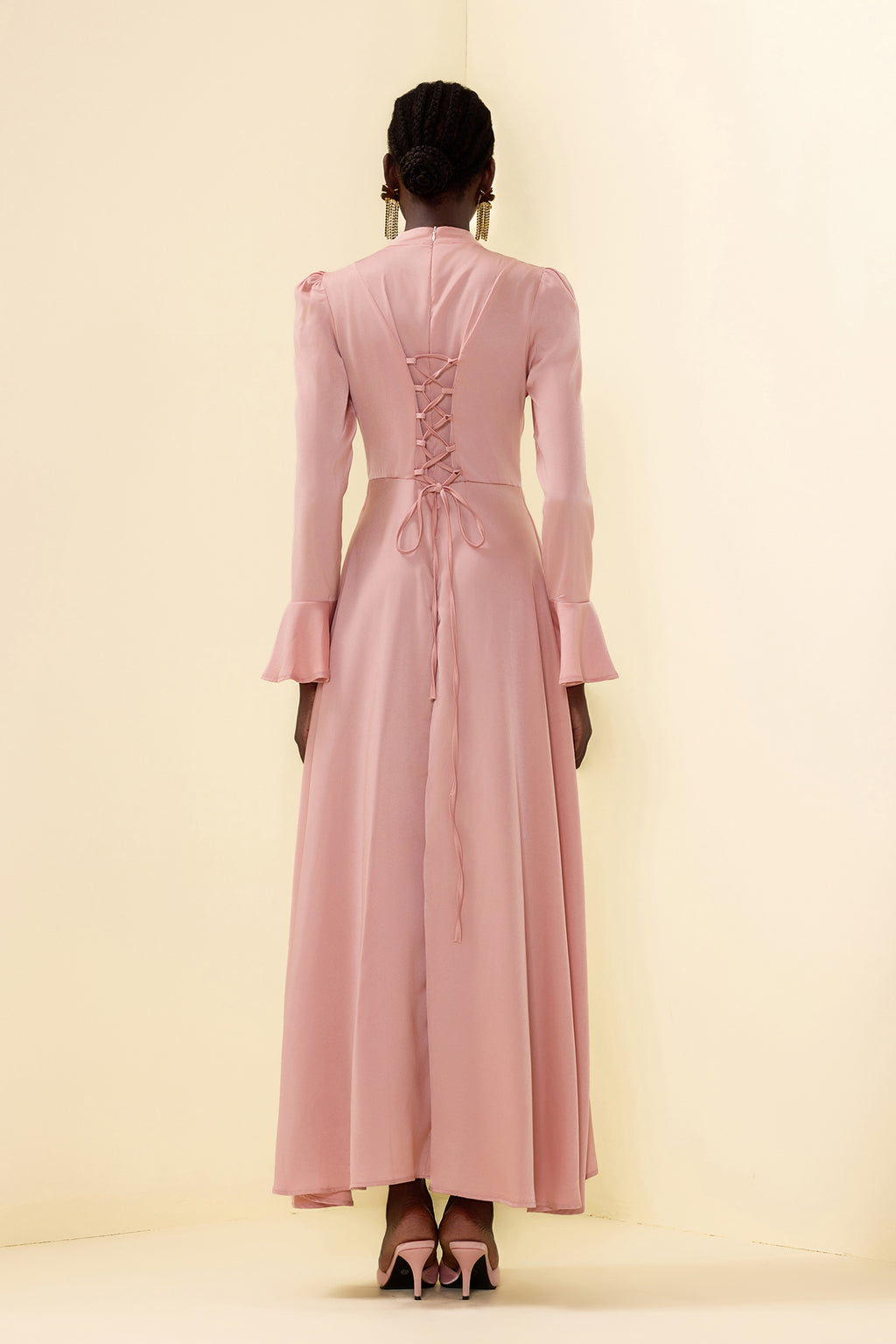 Satin Stand Collar Ball Sleeve Midi Dress