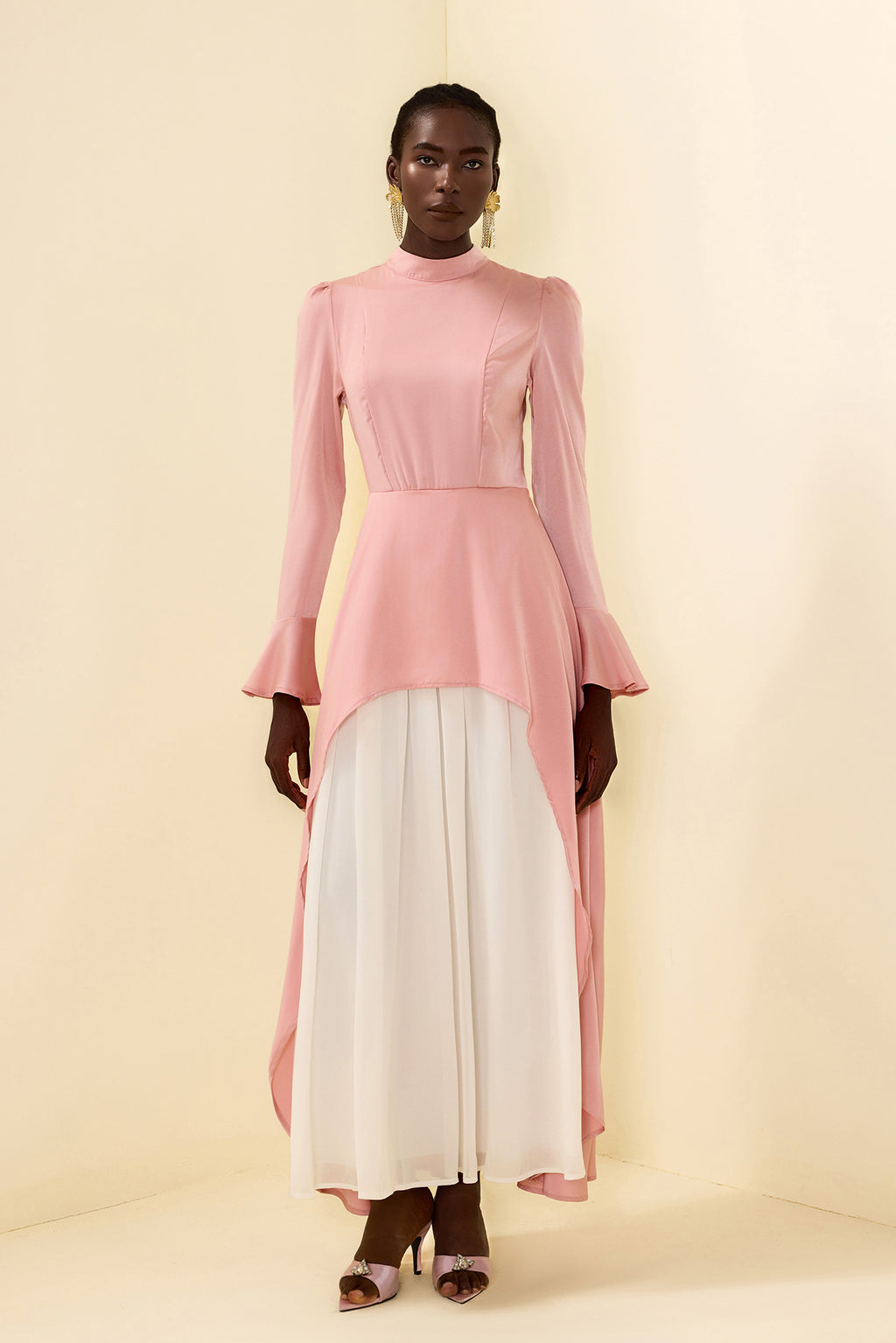 Satin Stand Collar Ball Sleeve Midi Dress