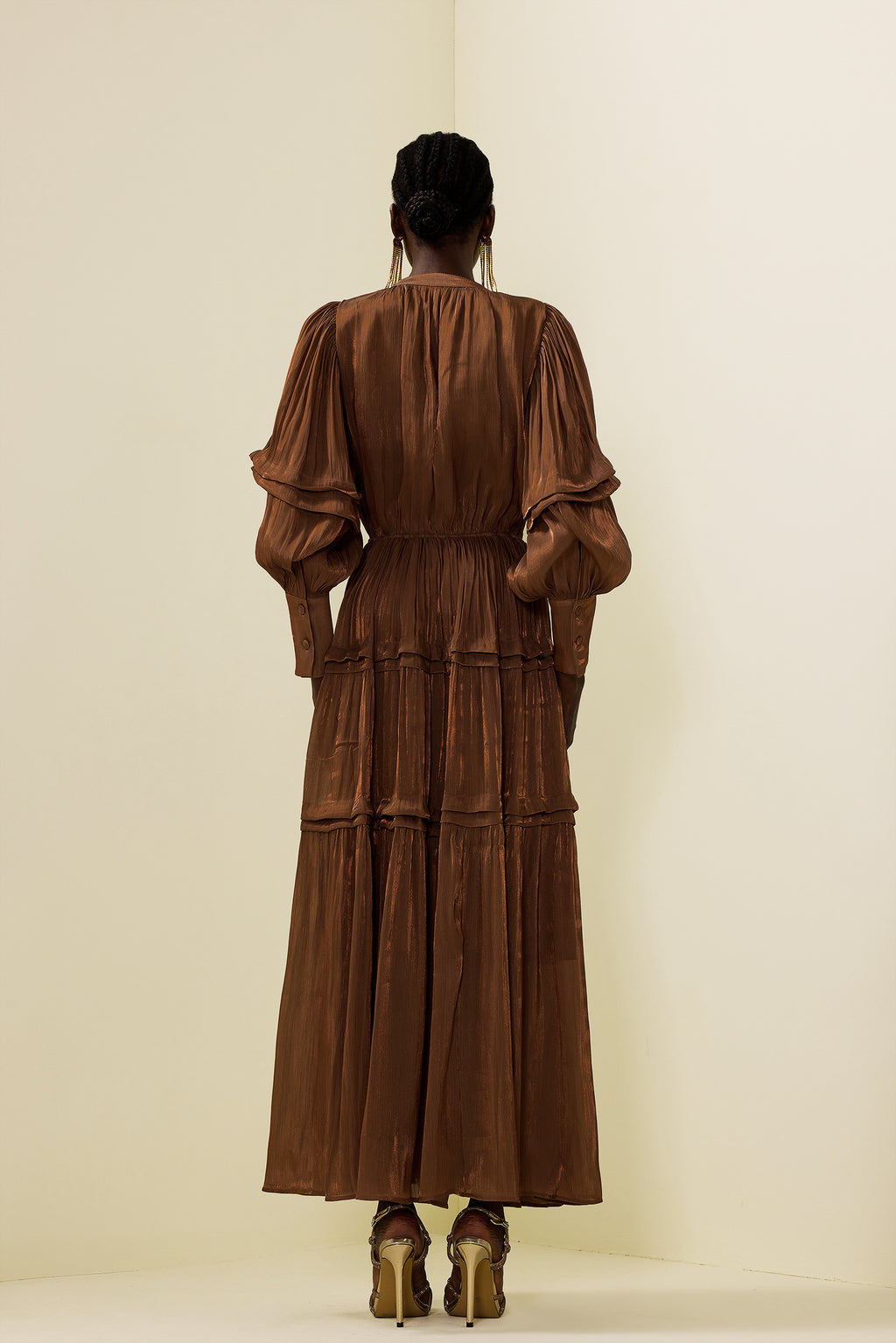 Pleat Lantern Sleeve V-neck Midi Dress