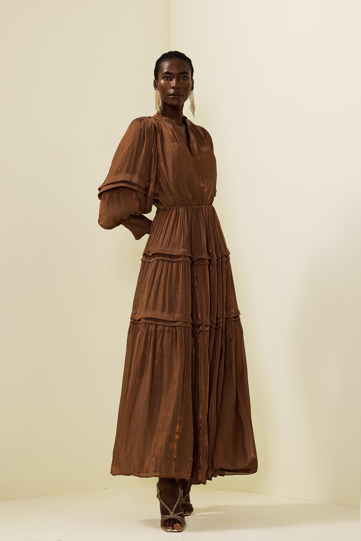 Pleat Lantern Sleeve V-neck Midi Dress