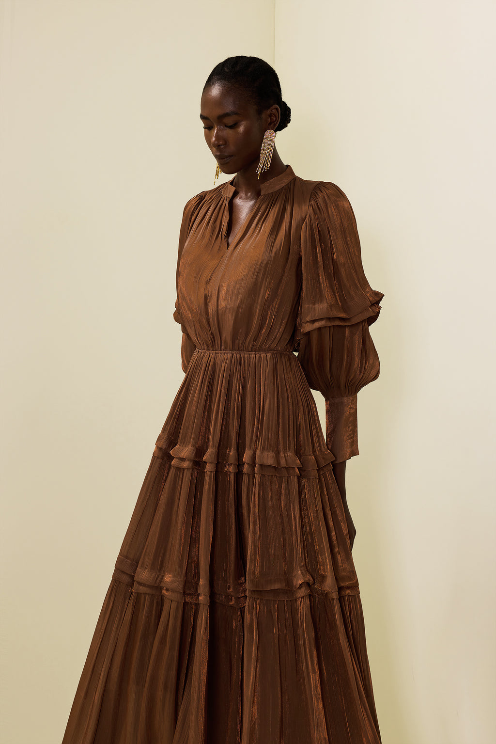 Pleat Lantern Sleeve V-neck Midi Dress