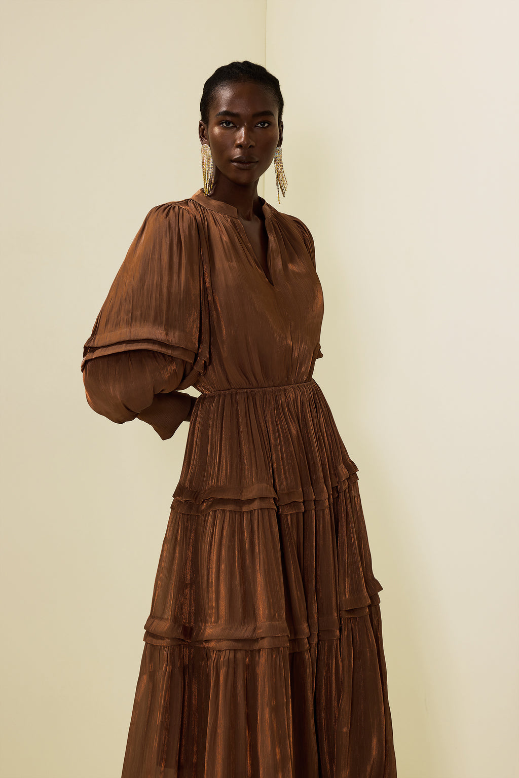 Pleat Lantern Sleeve V-neck Midi Dress