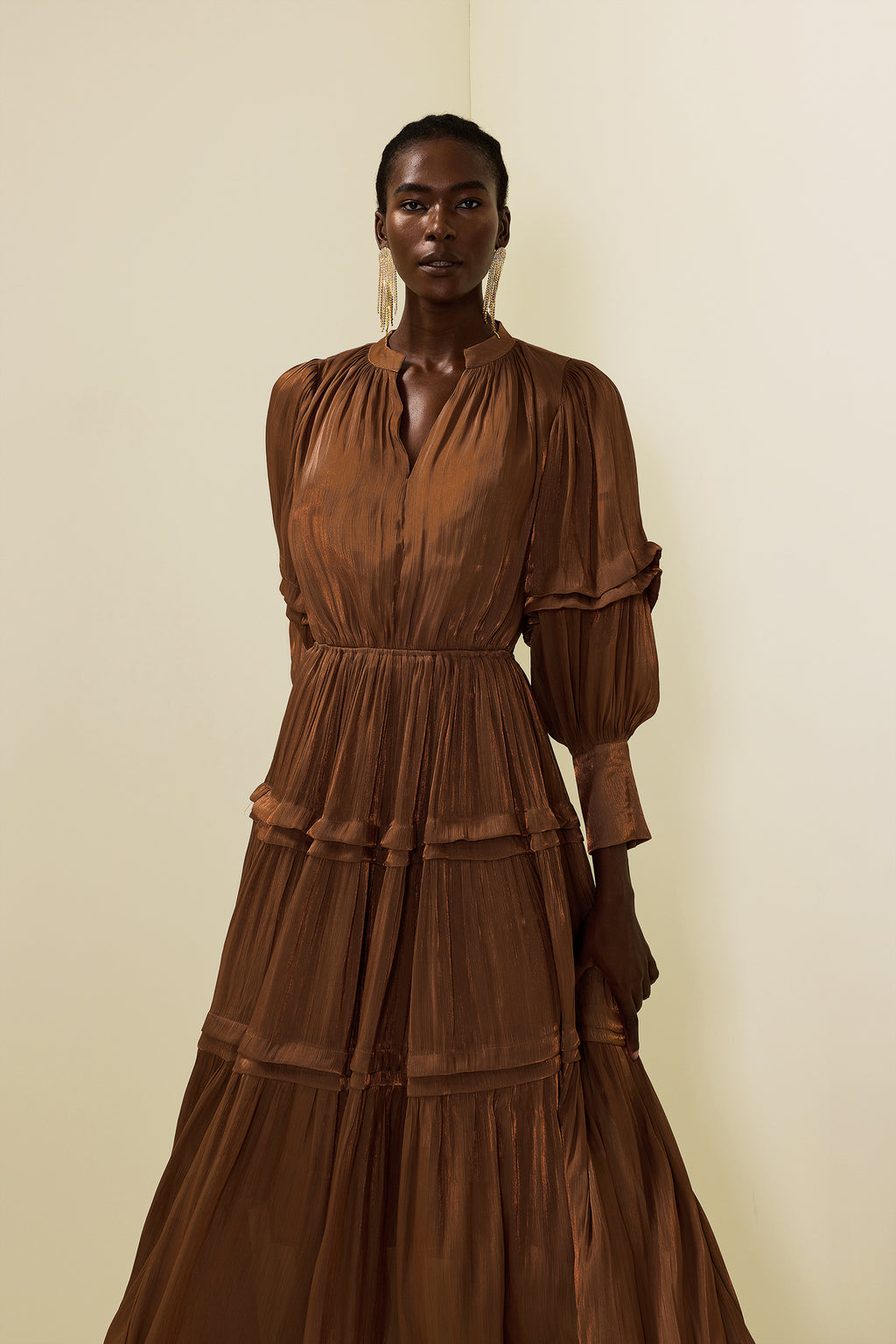 Pleat Lantern Sleeve V-neck Midi Dress