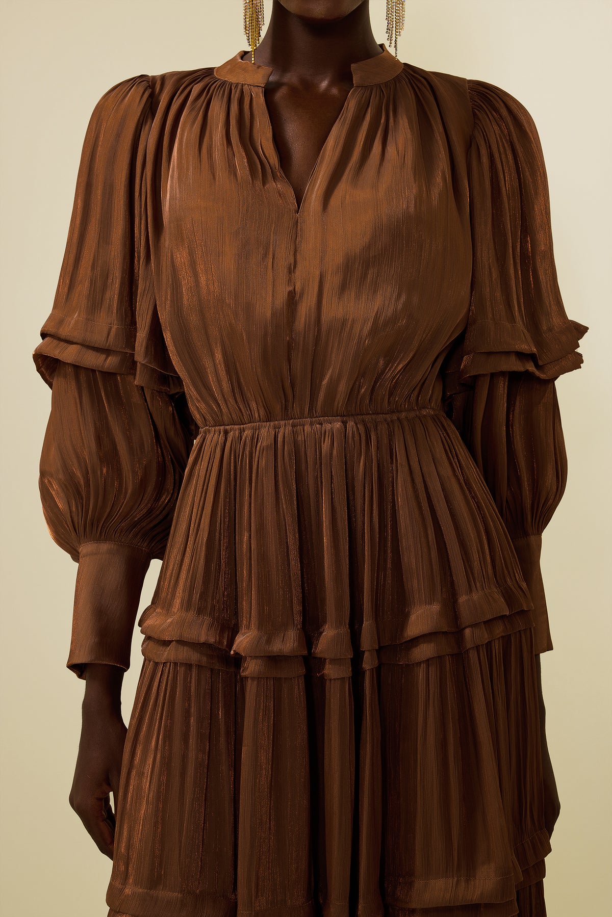 Pleat Lantern Sleeve V-neck Midi Dress