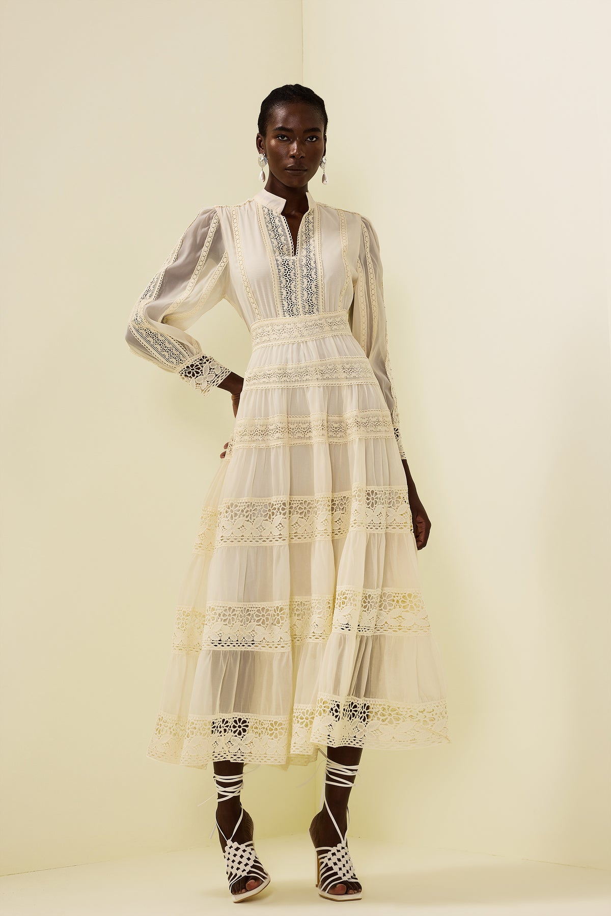 Lace Embroidered Lantern Sleeve Midi Dress