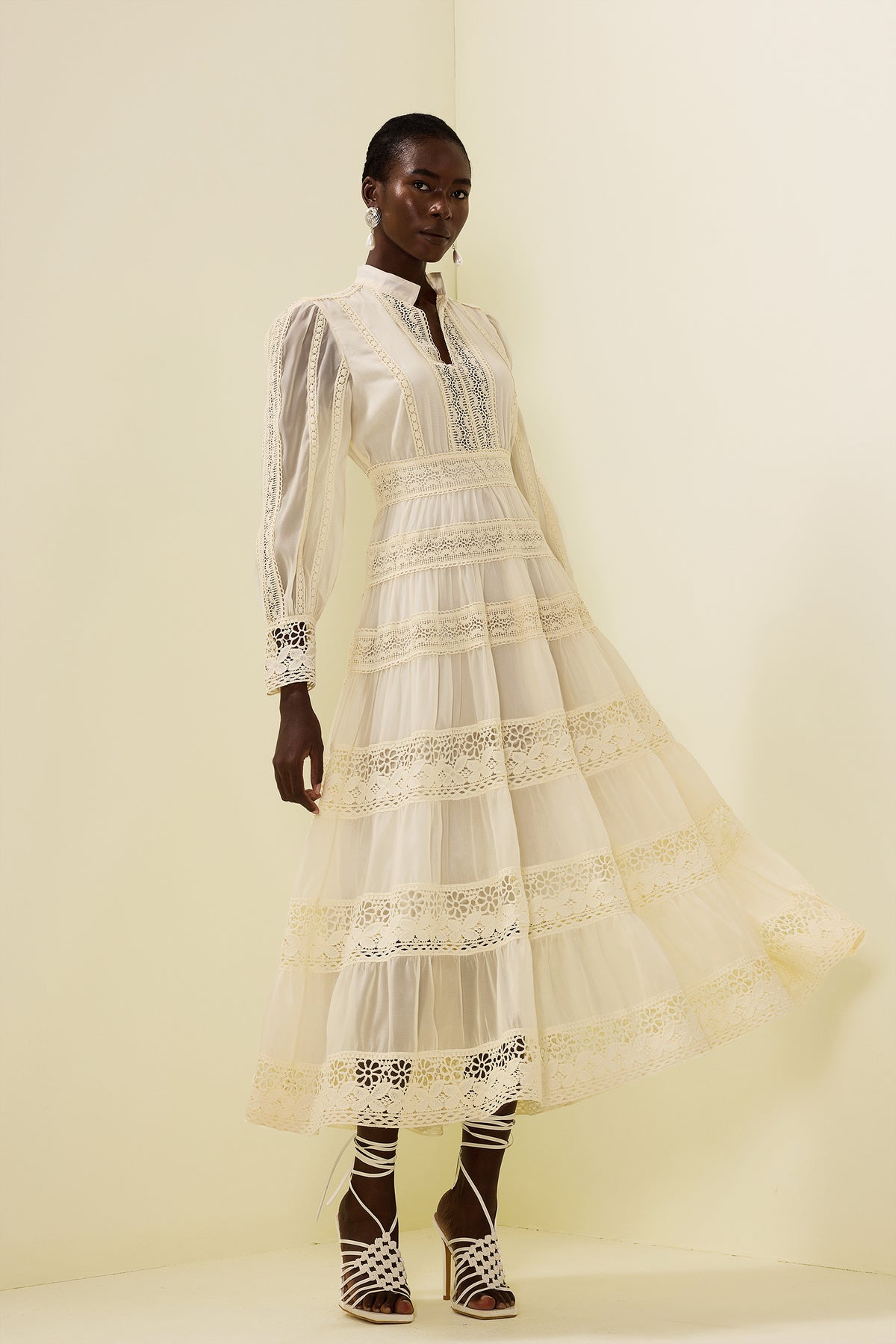 Lace Embroidered Lantern Sleeve Midi Dress