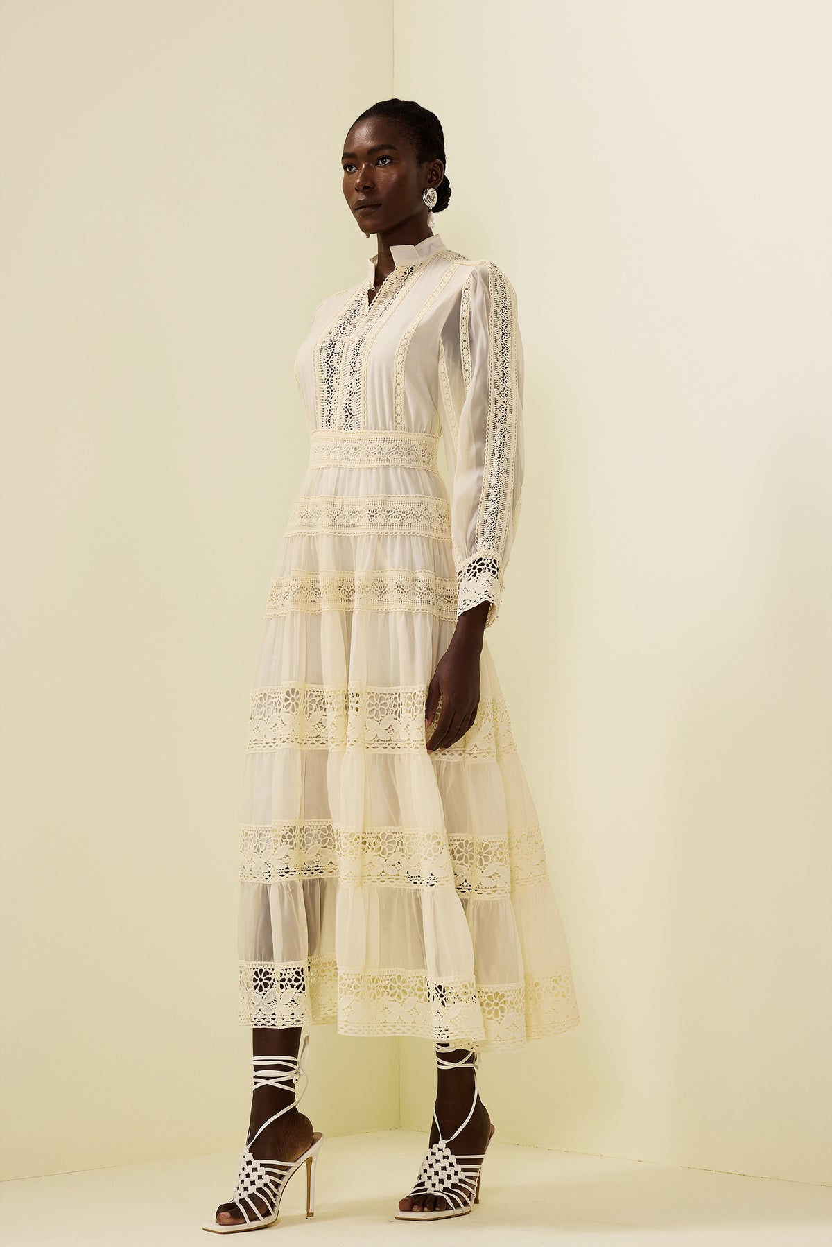 Lace Embroidered Lantern Sleeve Midi Dress