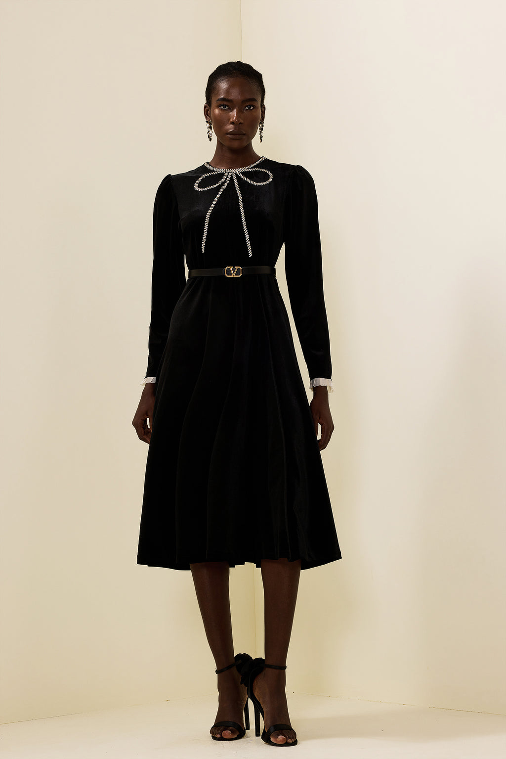 Velvet Rhinestone Bow Midi Dress
