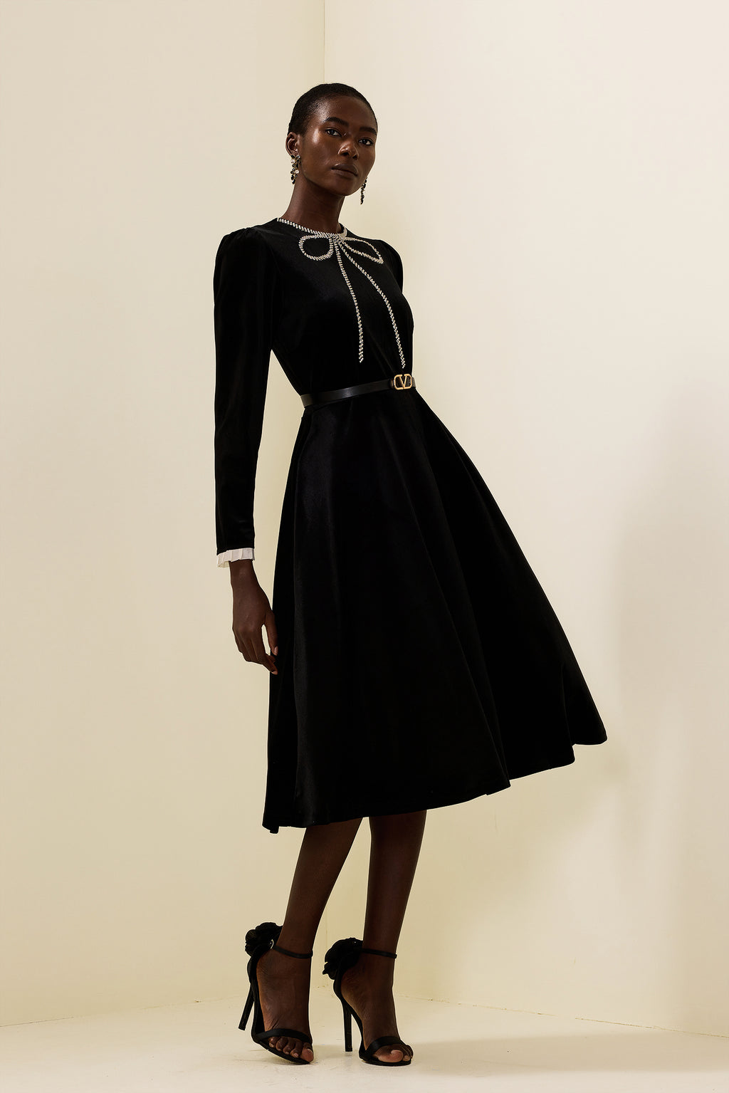 Velvet Rhinestone Bow Midi Dress