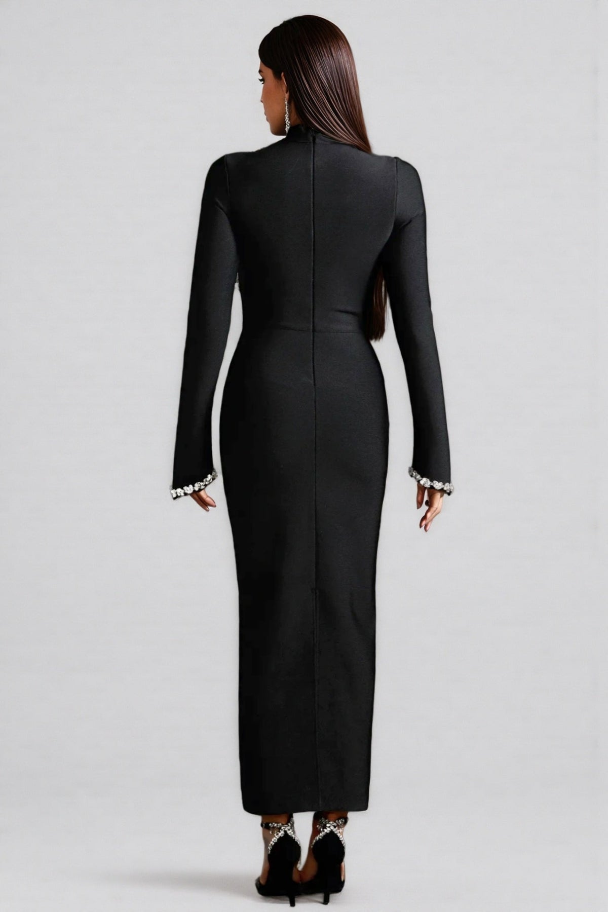 Jersey Diamond Setting Long Sleeve Bandage Maxi Dress