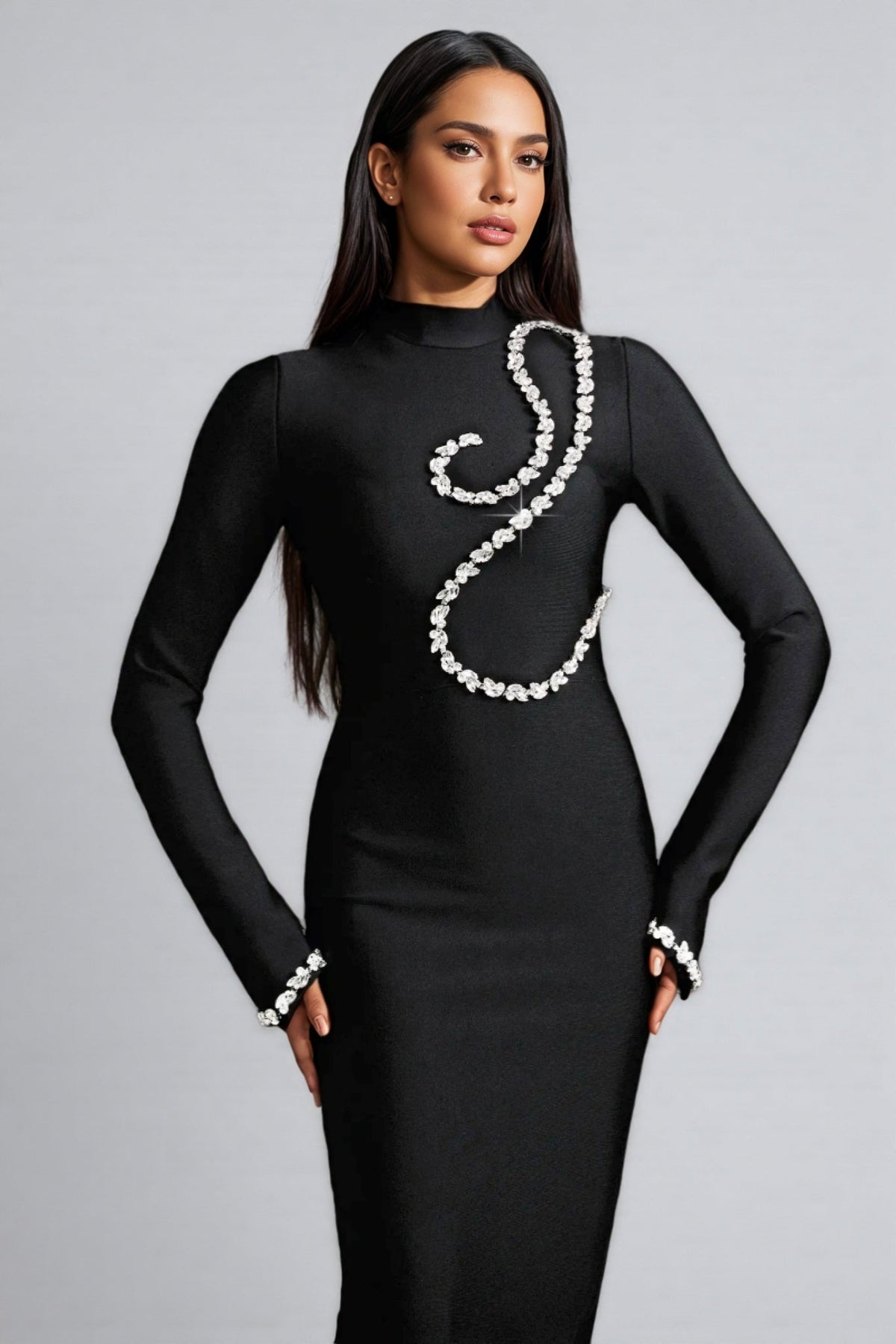 Jersey Diamond Setting Long Sleeve Bandage Maxi Dress