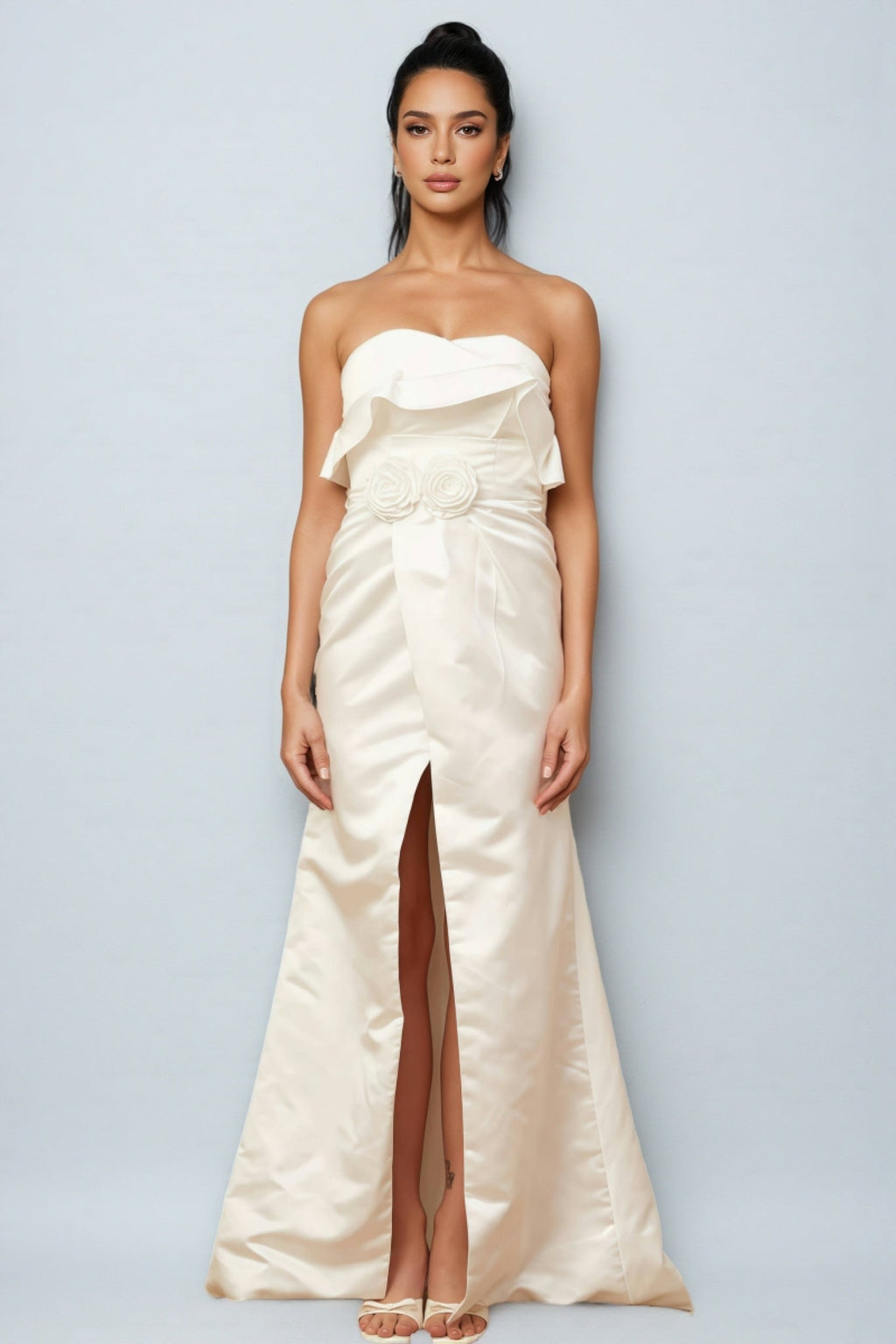 Jiusi White Appliqued Satin Maxi Dress