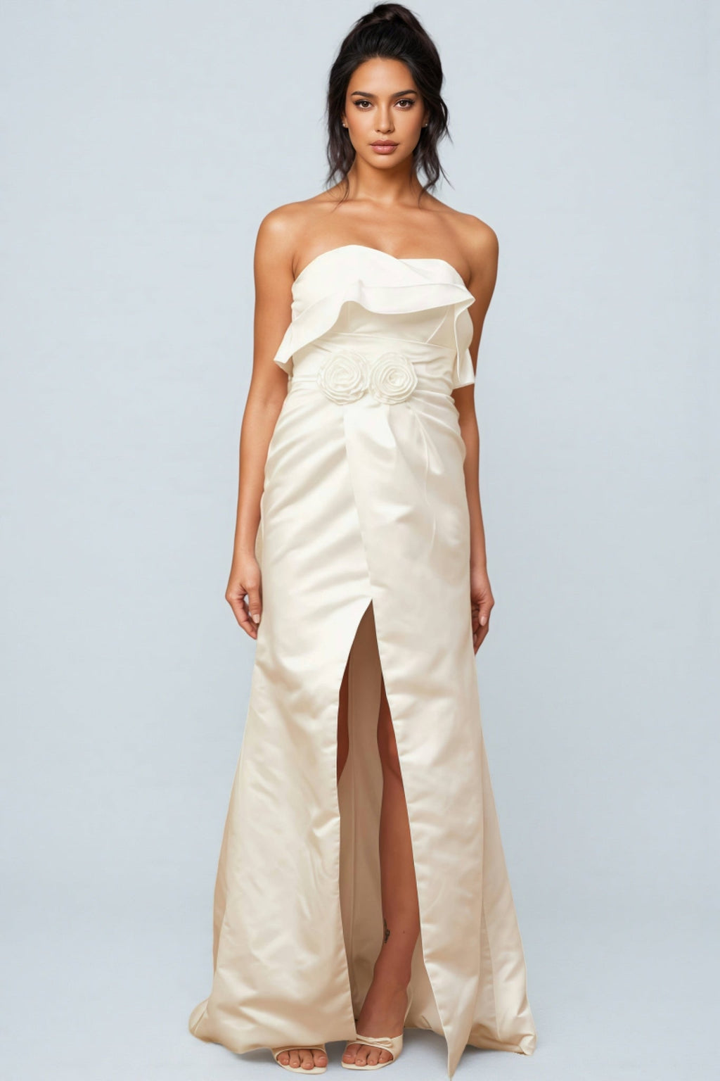 Jiusi White Appliqued Satin Maxi Dress